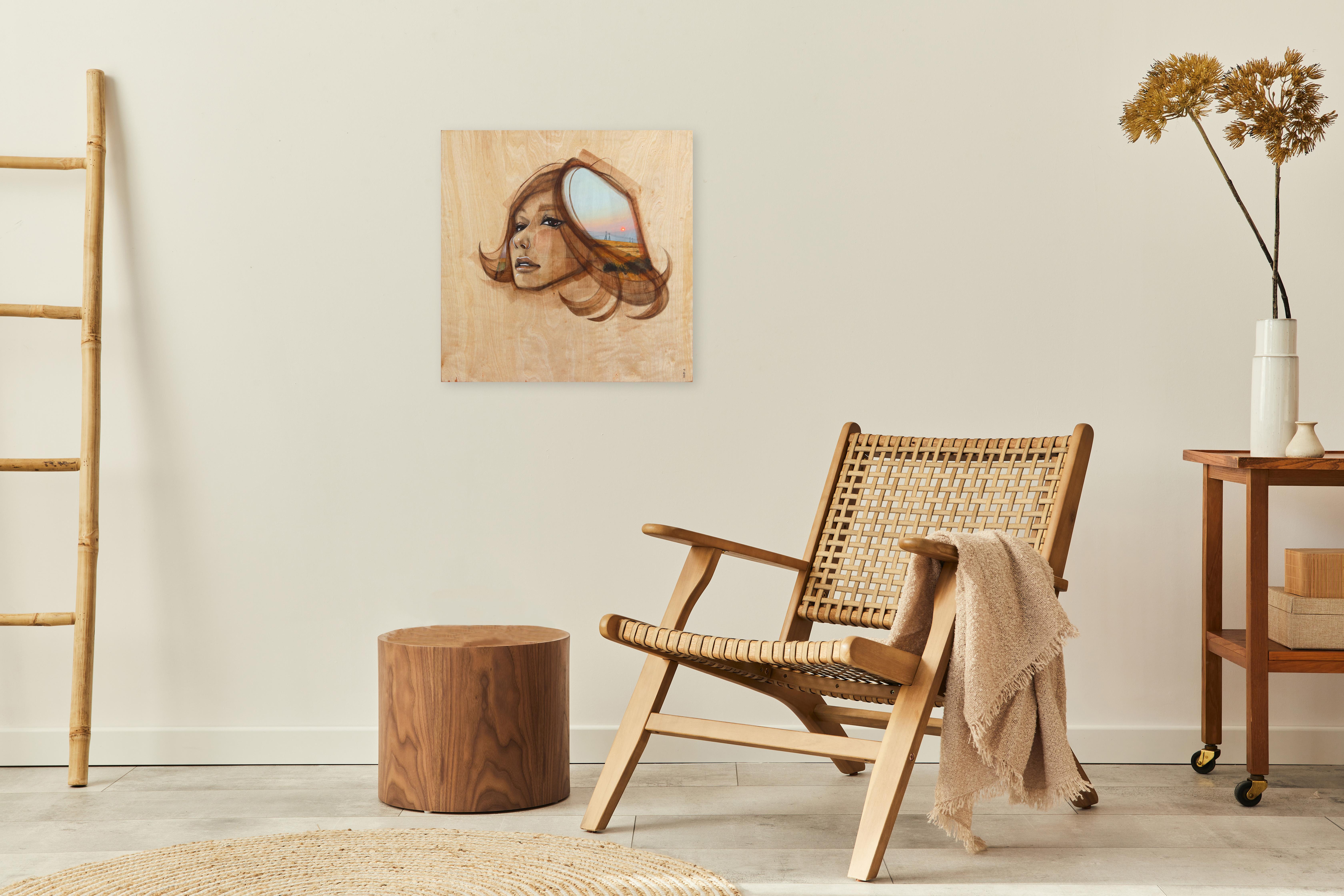 Viajero - Suave pintura abstracta figurativa de paisaje sobre madera en venta 1