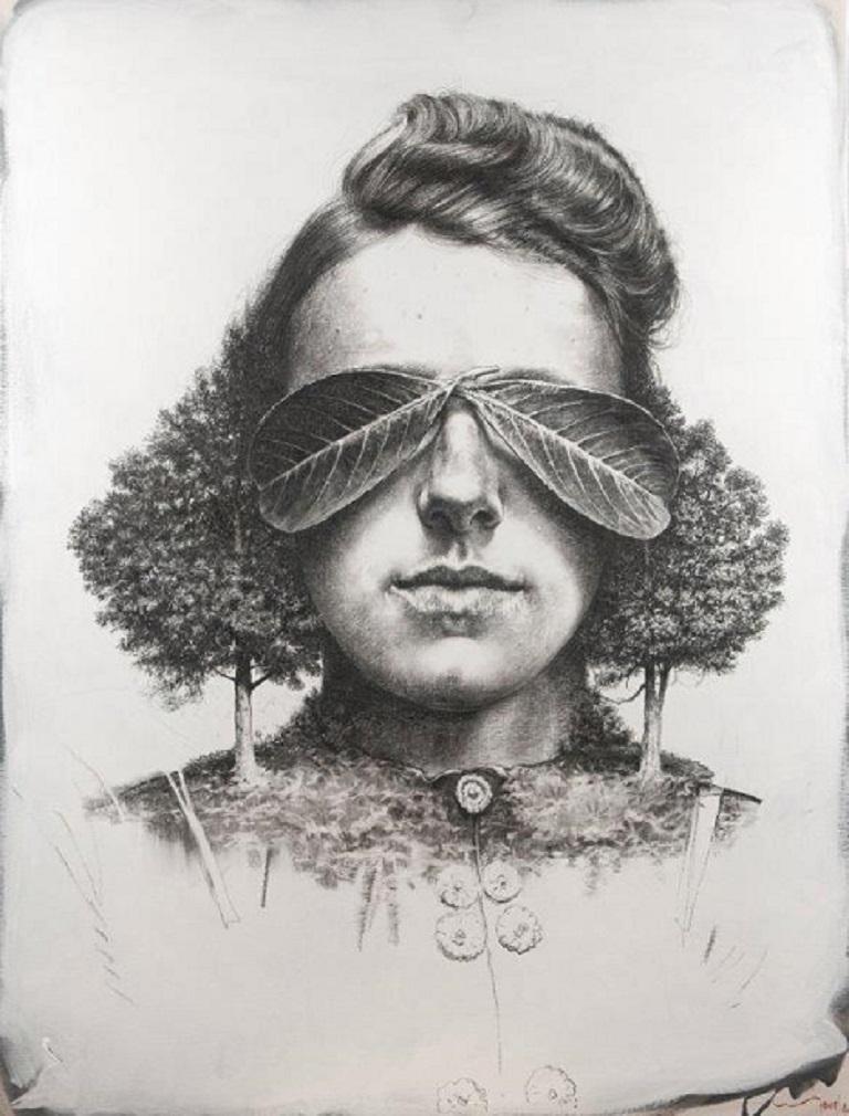 Eddy Stevens Portrait - Biosphere no. 9 Charcoal on Canvas Painting Drawing In Stock