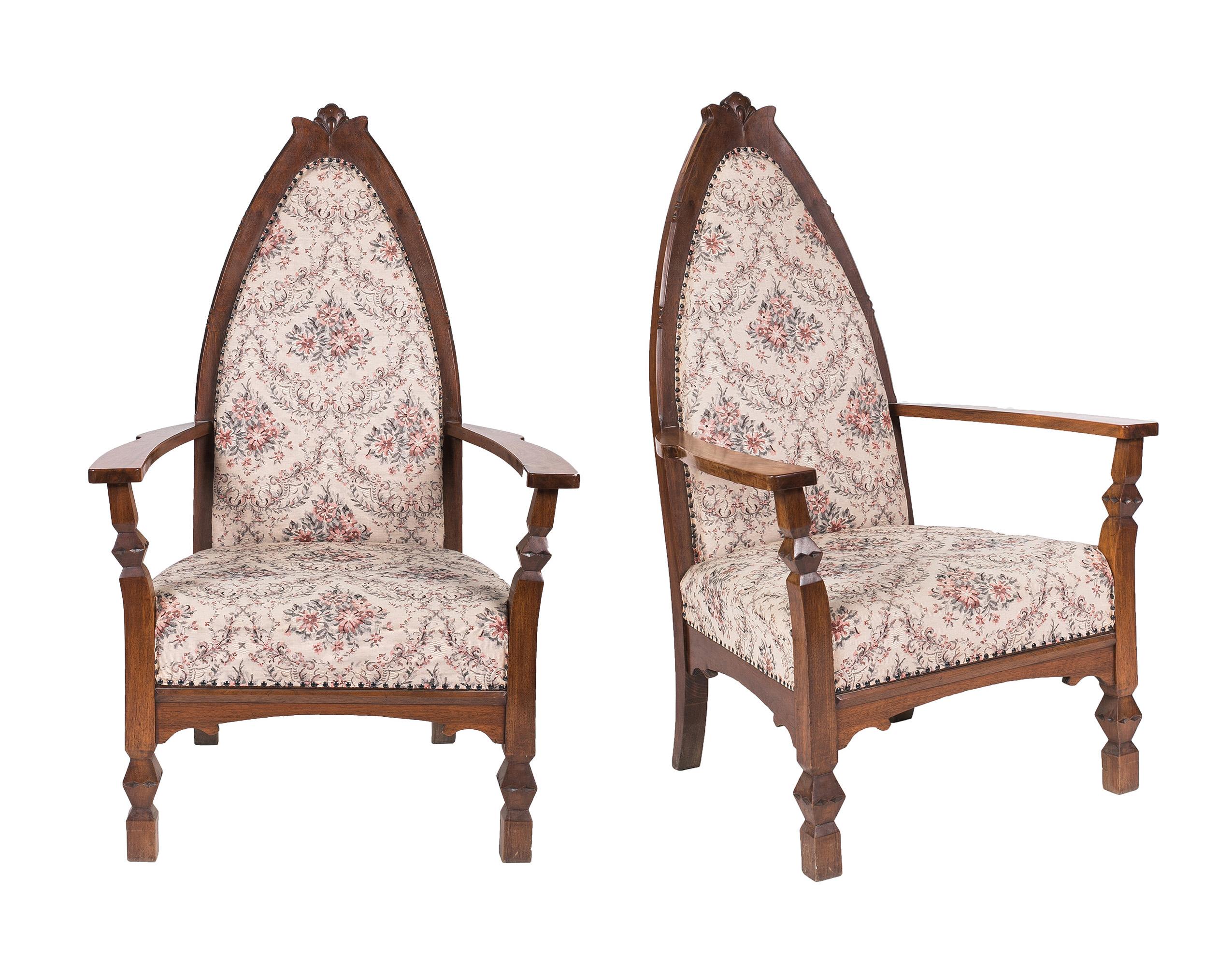 Art Nouveau seating ensemble designed by Hungarian architect and furniture designer Ede Toroczkai Wigand. 
The four pieces ensemble consists of two pairs of separately identical armchairs, with the following dimensions (d/w/h/sh):
2 throne type