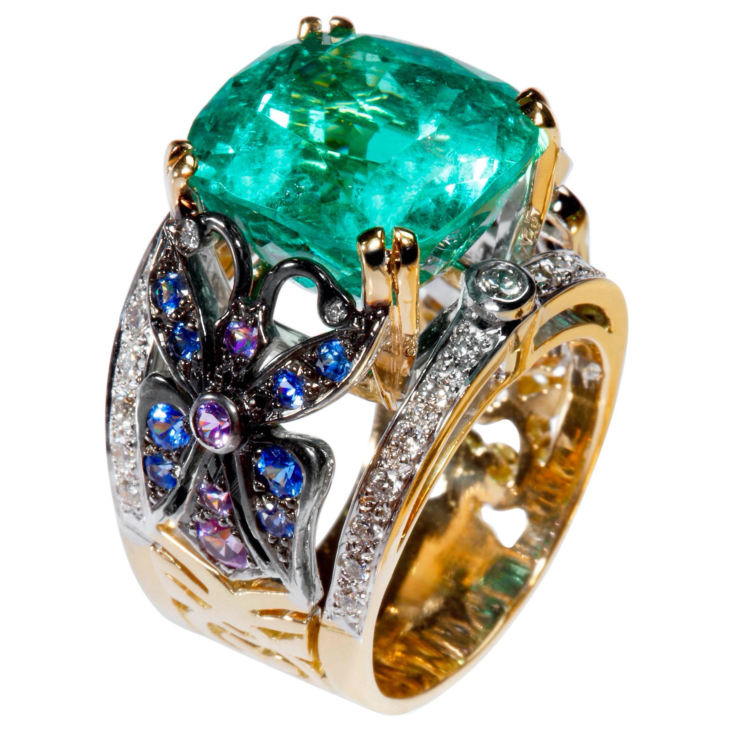Édéenne 11.5 Carat Colombian Emerald, Sapphires, Diamond Gold Embroidery Ring For Sale