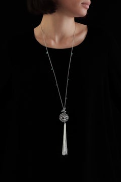 Édéenne 18K White Gold Leave Ball Pendant with Diamonds, Sapphires, Pearl Tassel