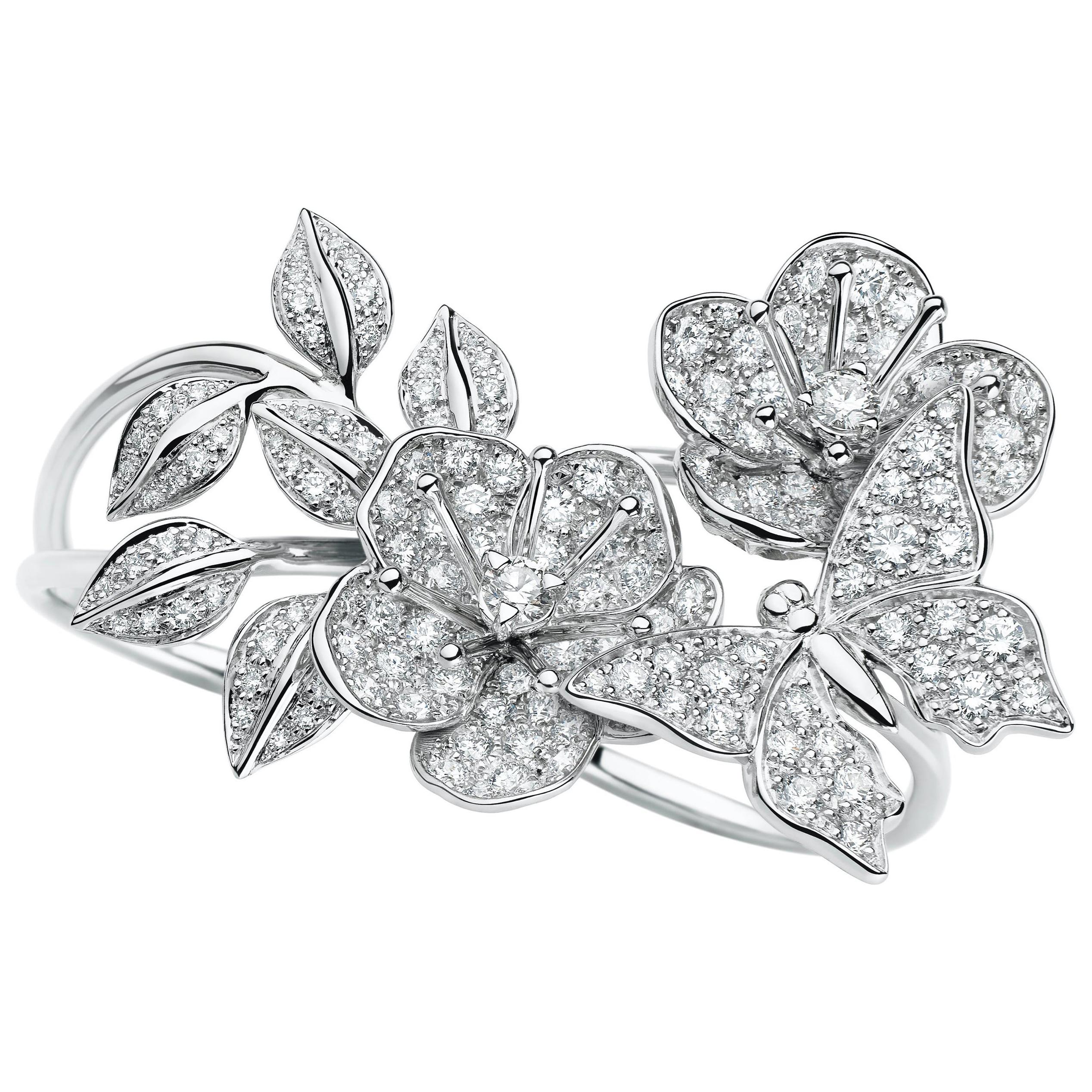 Édéenne Butterflies and Blossom Ring in Diamonds and 18 Karat White Gold For Sale