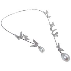Butterfly 18K White Gold Open Necklace with Diamonds and Akoya Pearls by Édéenne