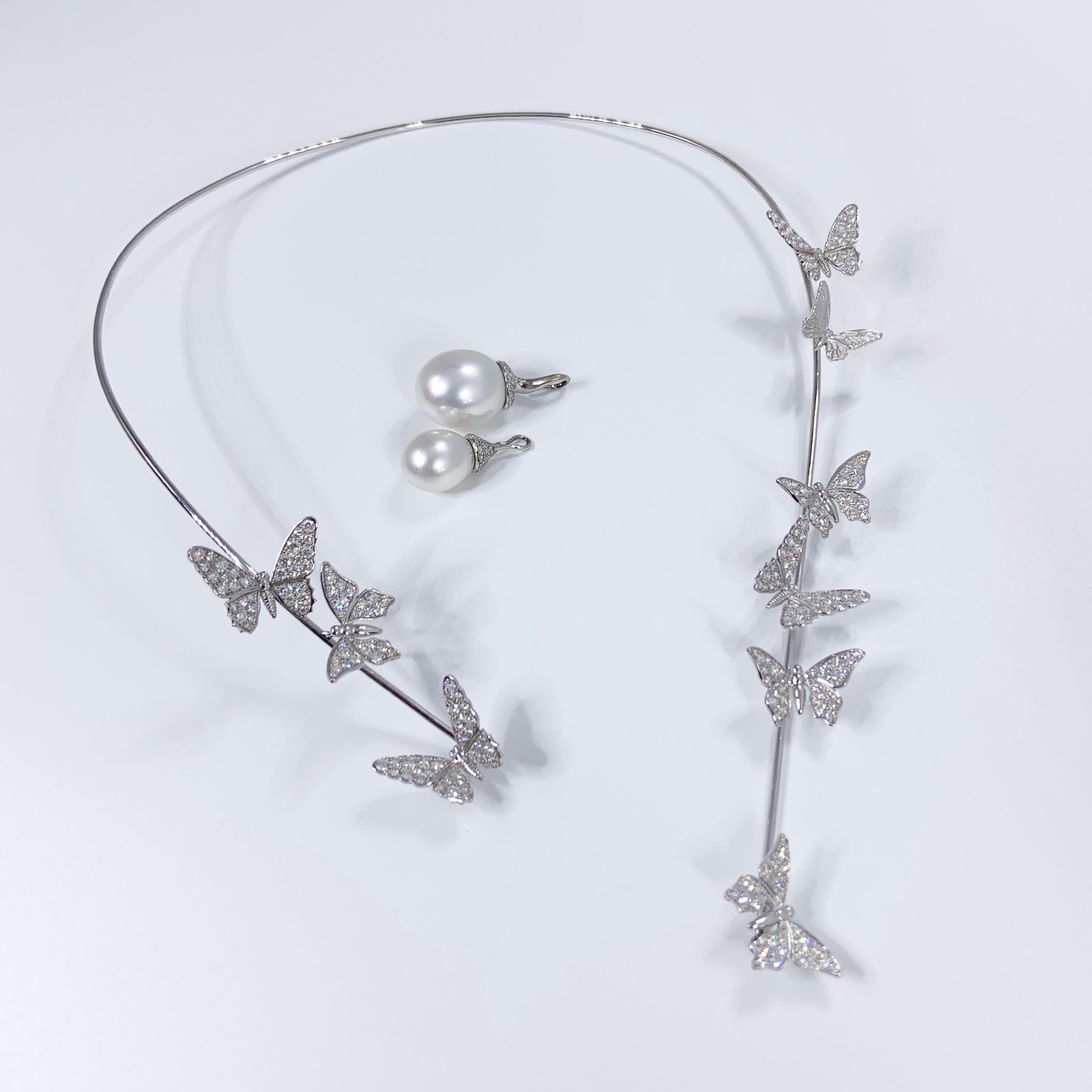 Brilliant Cut Butterfly 18K White Gold Open Necklace with Diamonds and Akoya Pearls by Édéenne