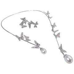 Édéenne Butterfly Set of Diamonds and Pearl 18 Karat Gold Necklace and Ring