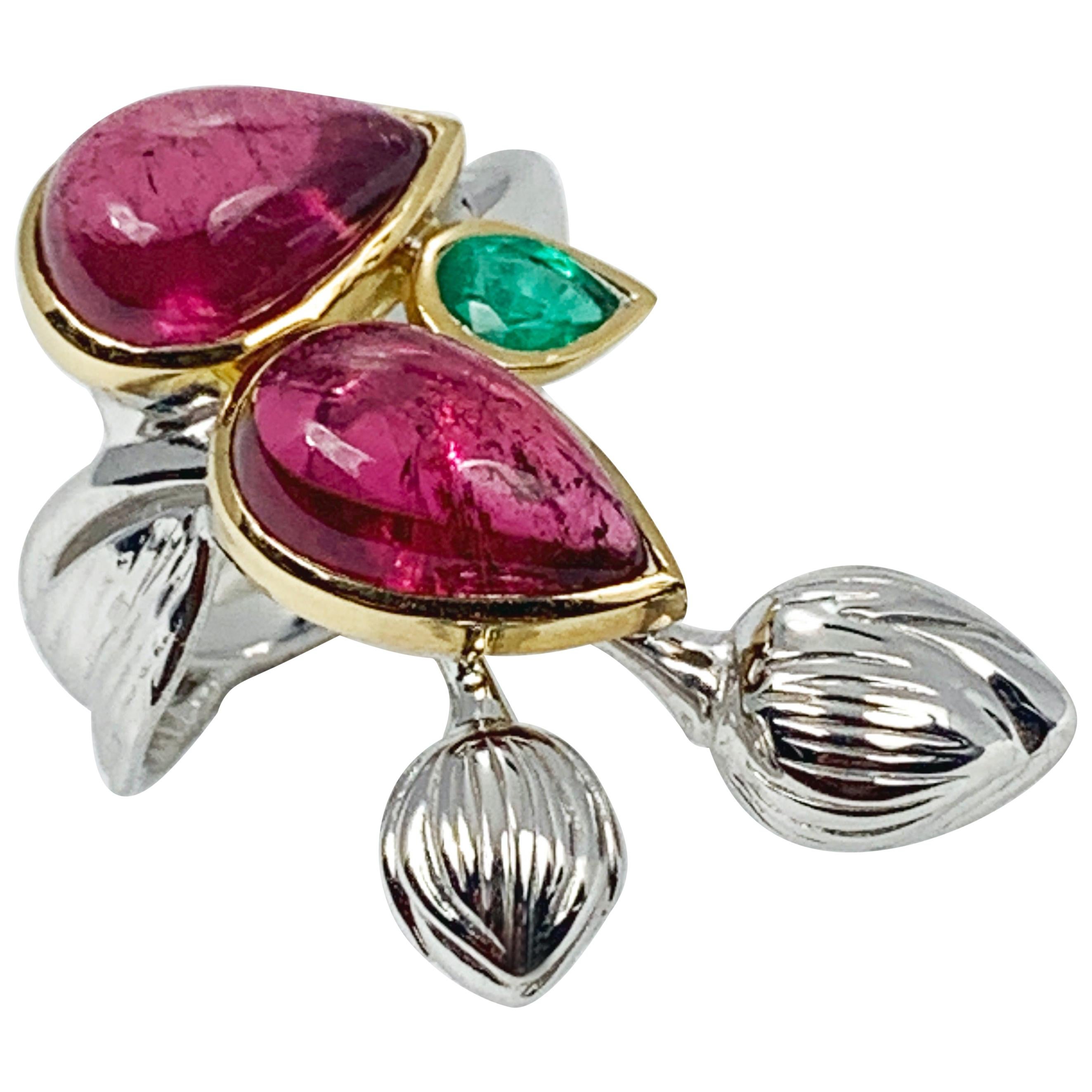“Cherry Branch” Emerald, Rubellite, 18K Yellow and White Gold Ring by Édéenne For Sale