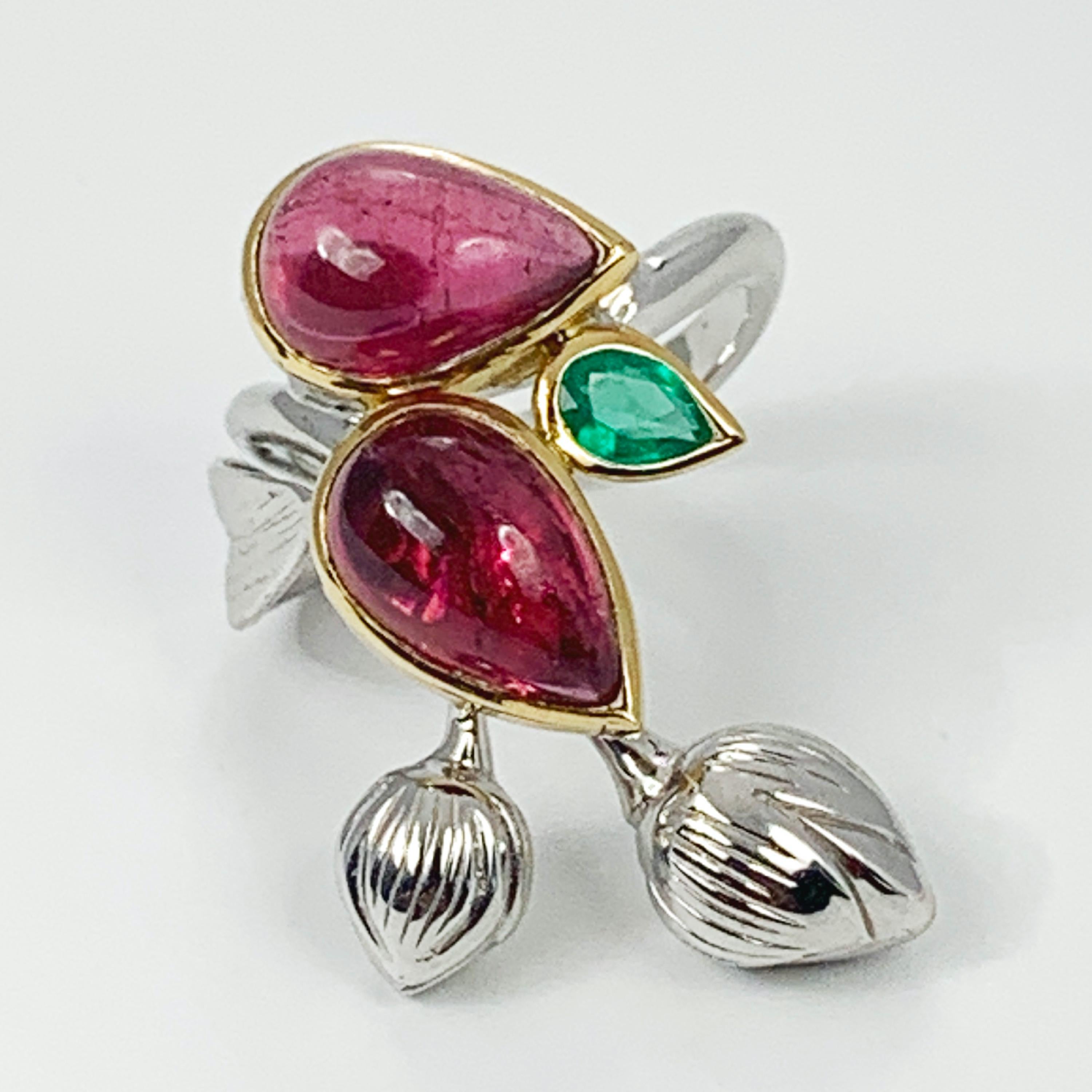 Handcrafted in France in our High Jewelry Paris workshop. Designed by Édéenne, artist and founder of Maison Édéenne, this cheerful ring is made of 18K white and yellow gold featuring two cabochon-cut drop-shaped rubellites (red tourmalines)