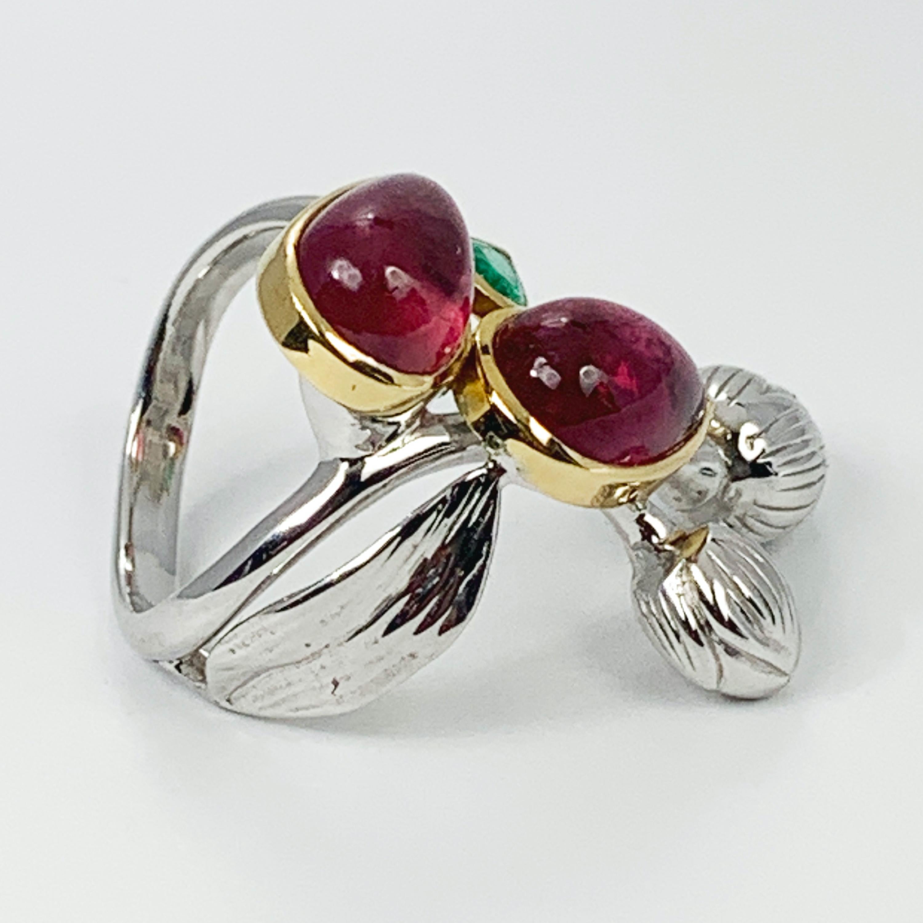 Contemporary “Cherry Branch” Emerald, Rubellite, 18K Yellow and White Gold Ring by Édéenne For Sale