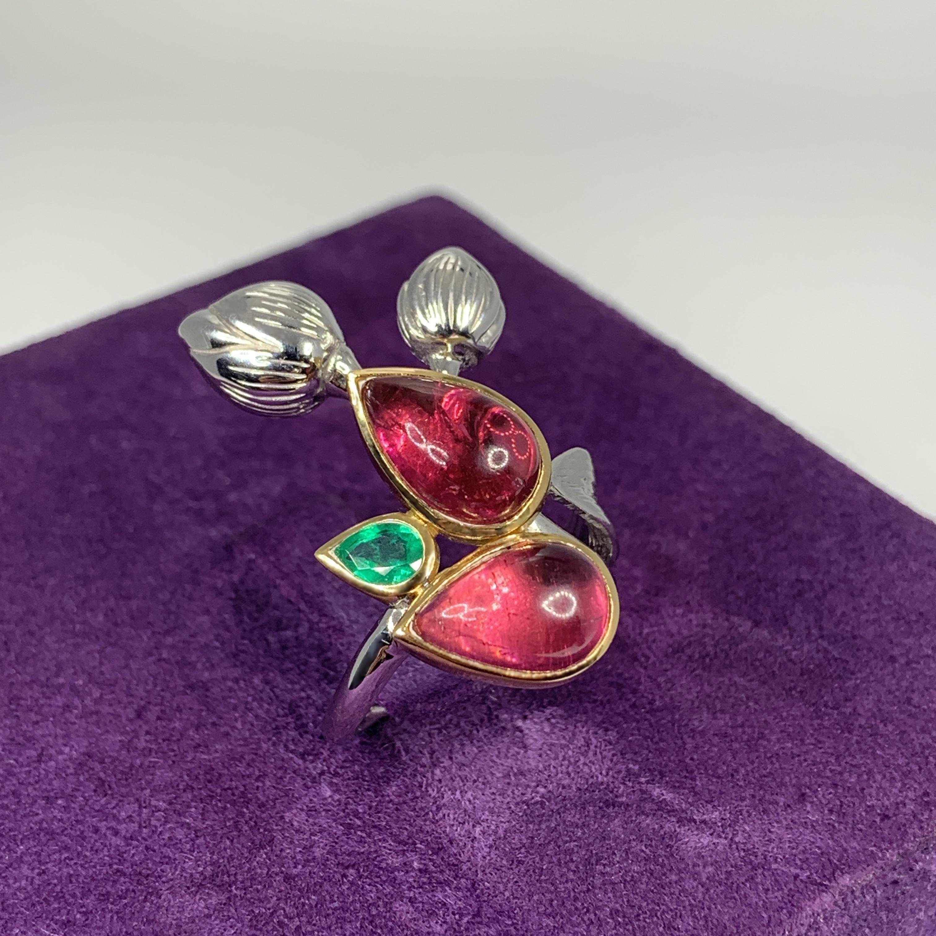 Women's “Cherry Branch” Emerald, Rubellite, 18K Yellow and White Gold Ring by Édéenne For Sale