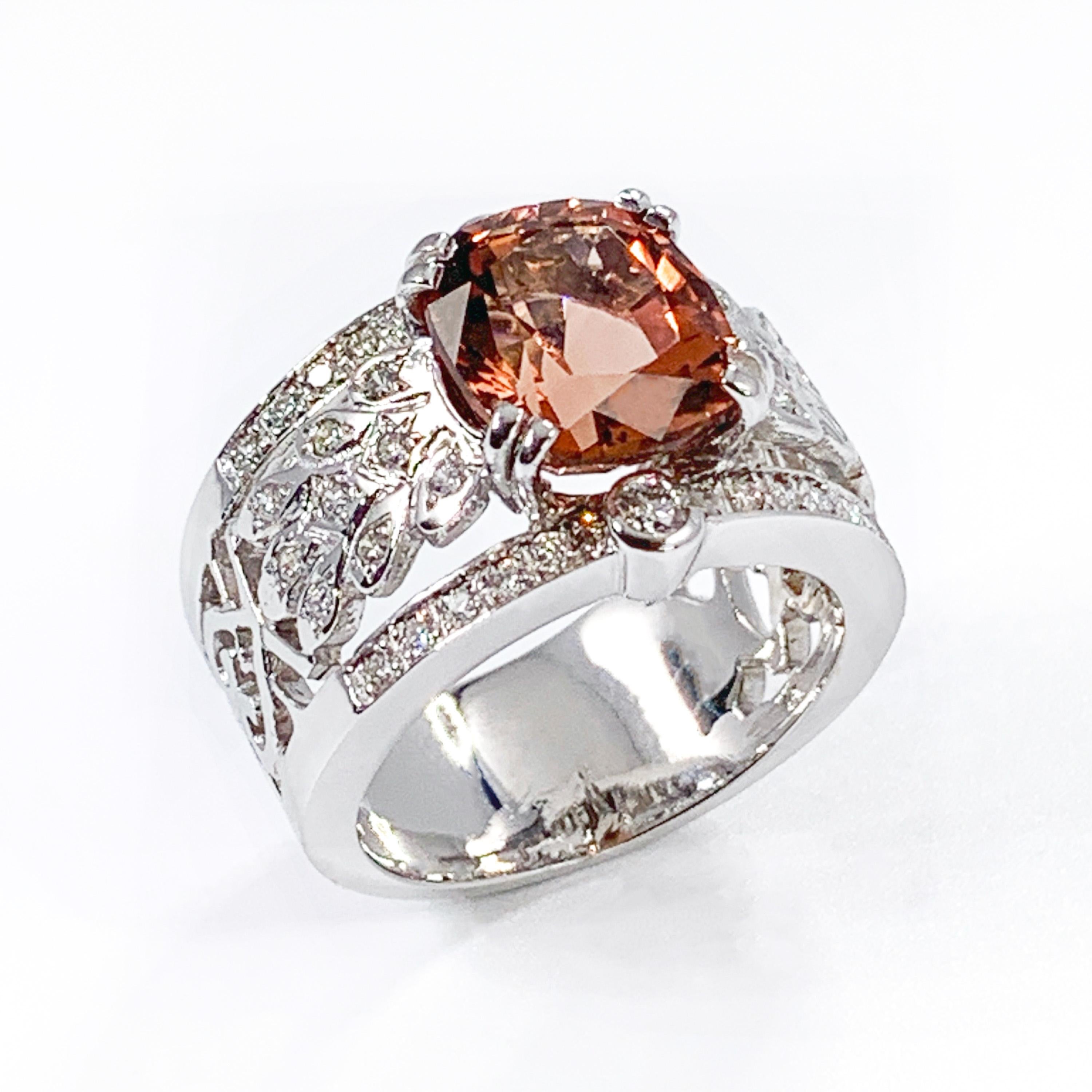 Contemporary Édéenne Peach Tourmaline, Diamond 18K White Gold Embroidery Peacock motif Ring For Sale