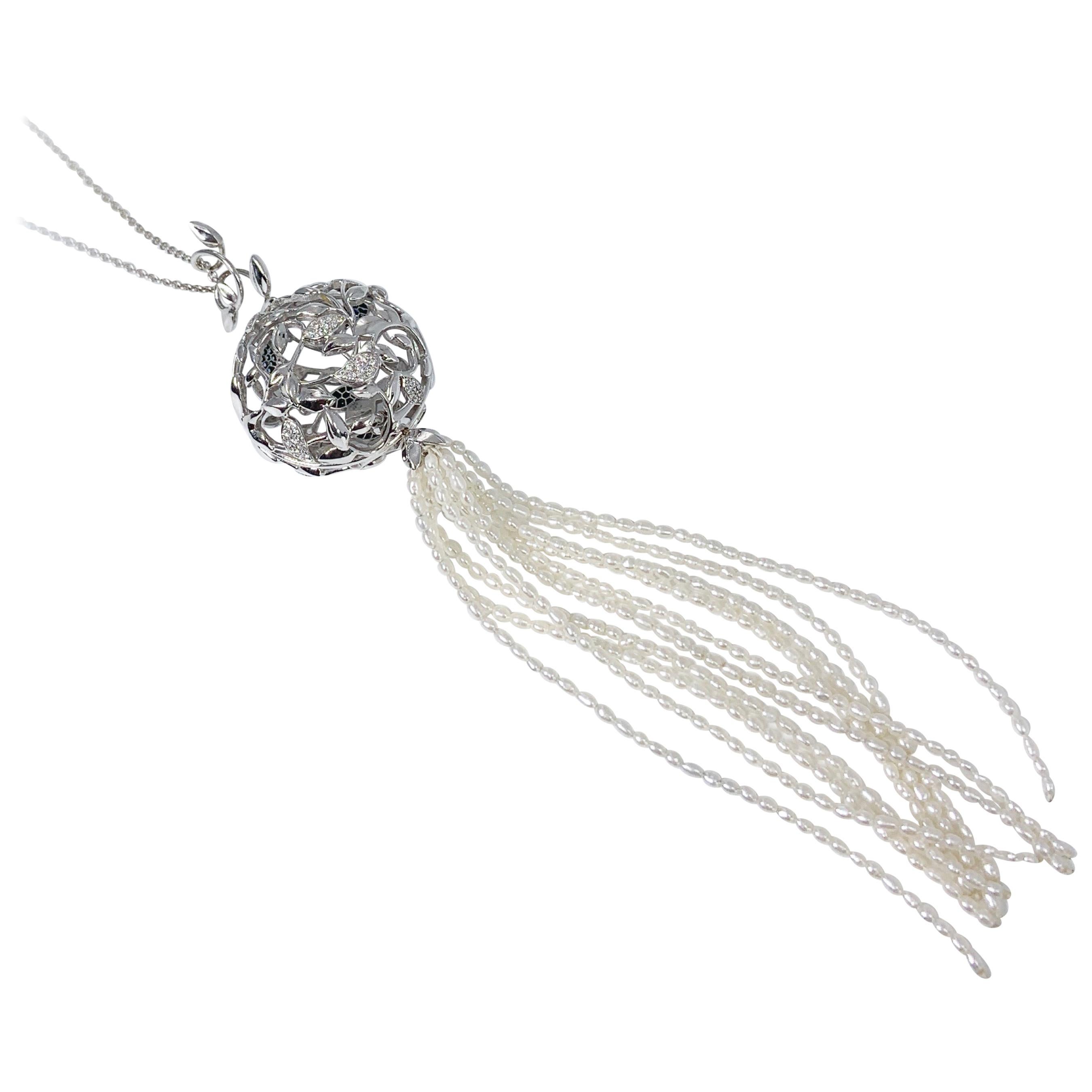 Édéenne 18K White Gold Leave Ball Pendant with Diamonds, Sapphires, Pearl Tassel For Sale
