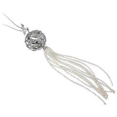 Édéenne 18K White Gold Leave Ball Pendant with Diamonds, Sapphires, Pearl Tassel