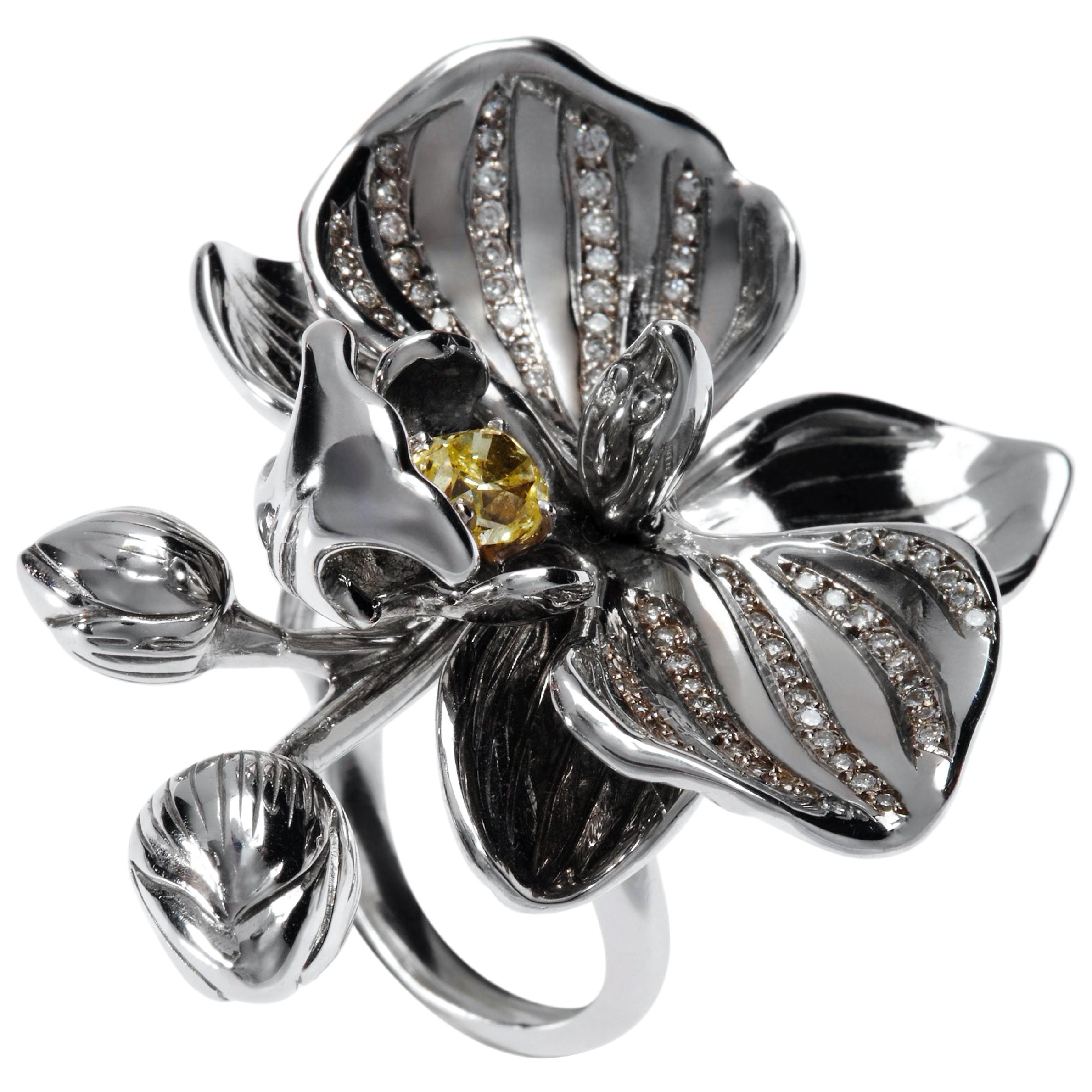 Fancy Yellow Diamond 18 K Gold exuberant Orchid Flower Cocktail Ring by Édéenne For Sale
