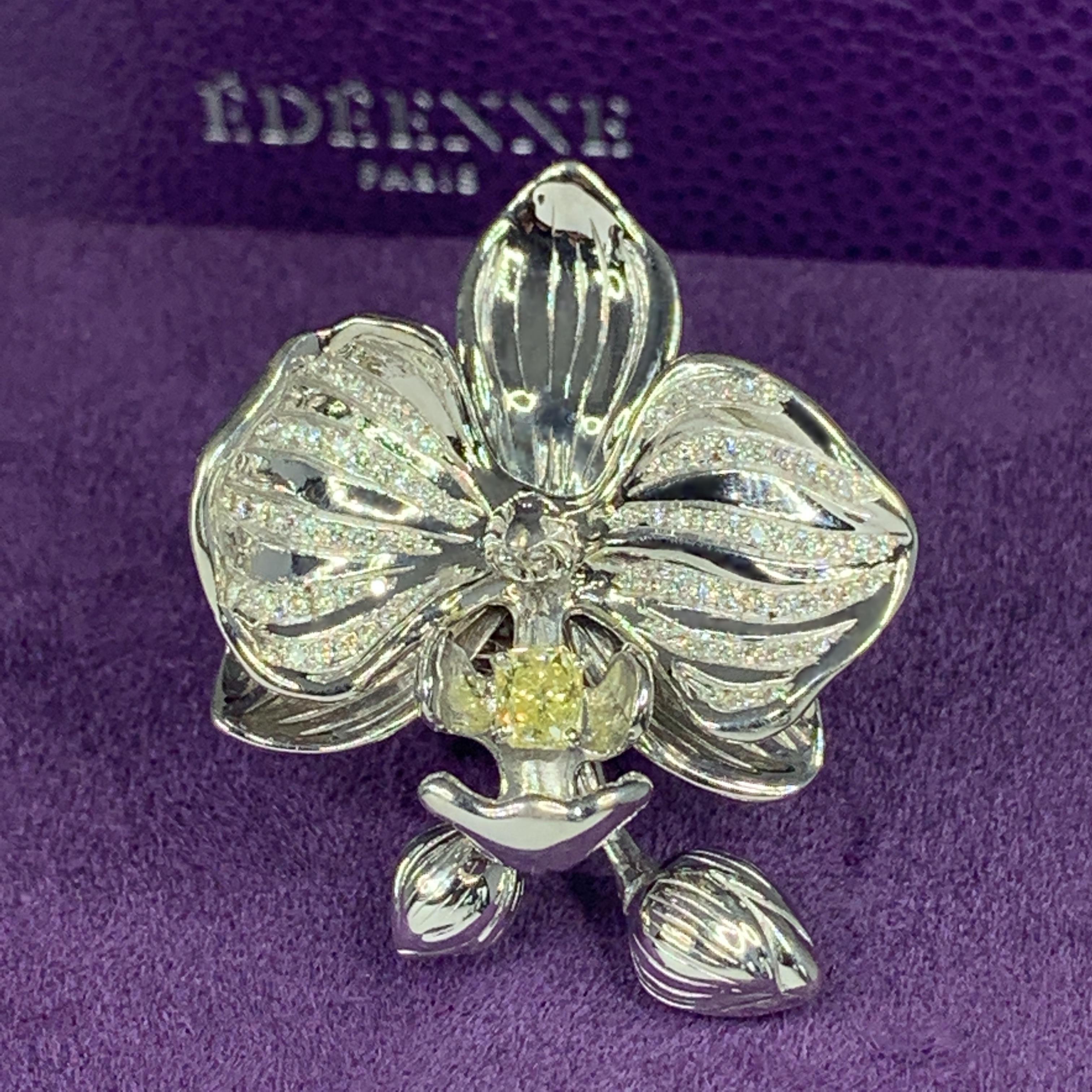 Fancy Yellow Diamond 18 K Gold exuberant Orchid Flower Cocktail Ring by Édéenne For Sale 1