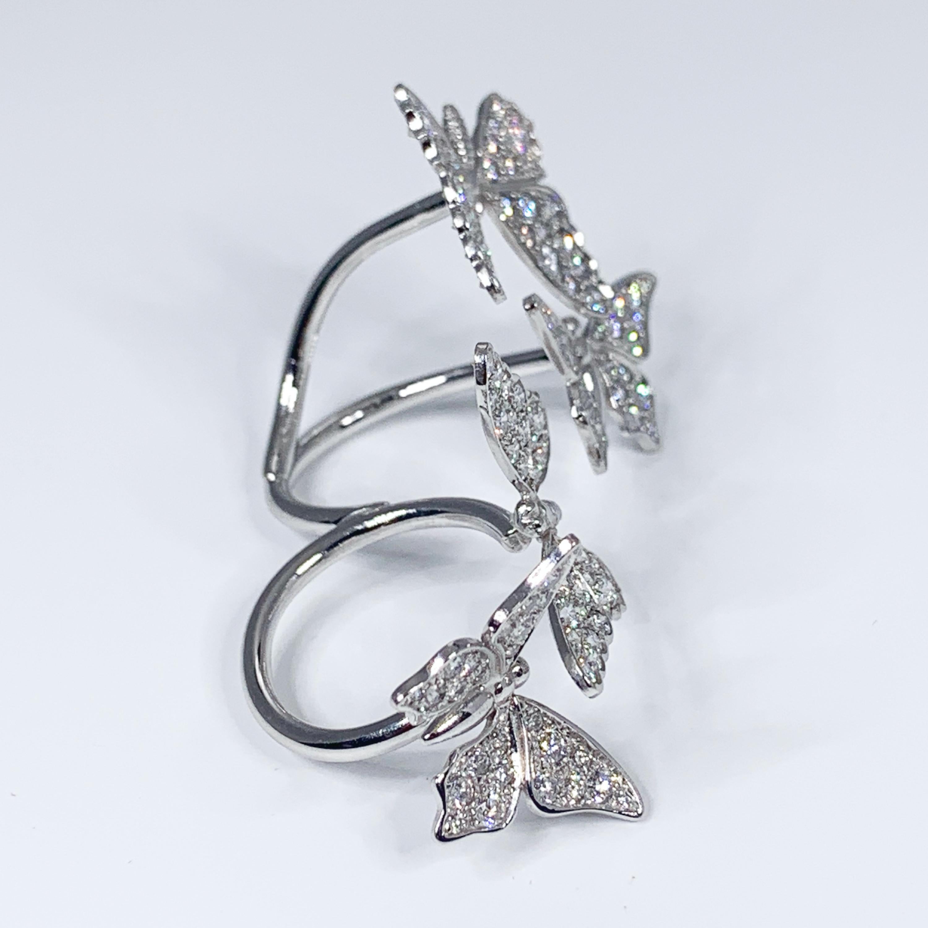 Contemporary Edéenne Four Butterfly Diamonds and 18K White Gold Two Finger Ring For Sale