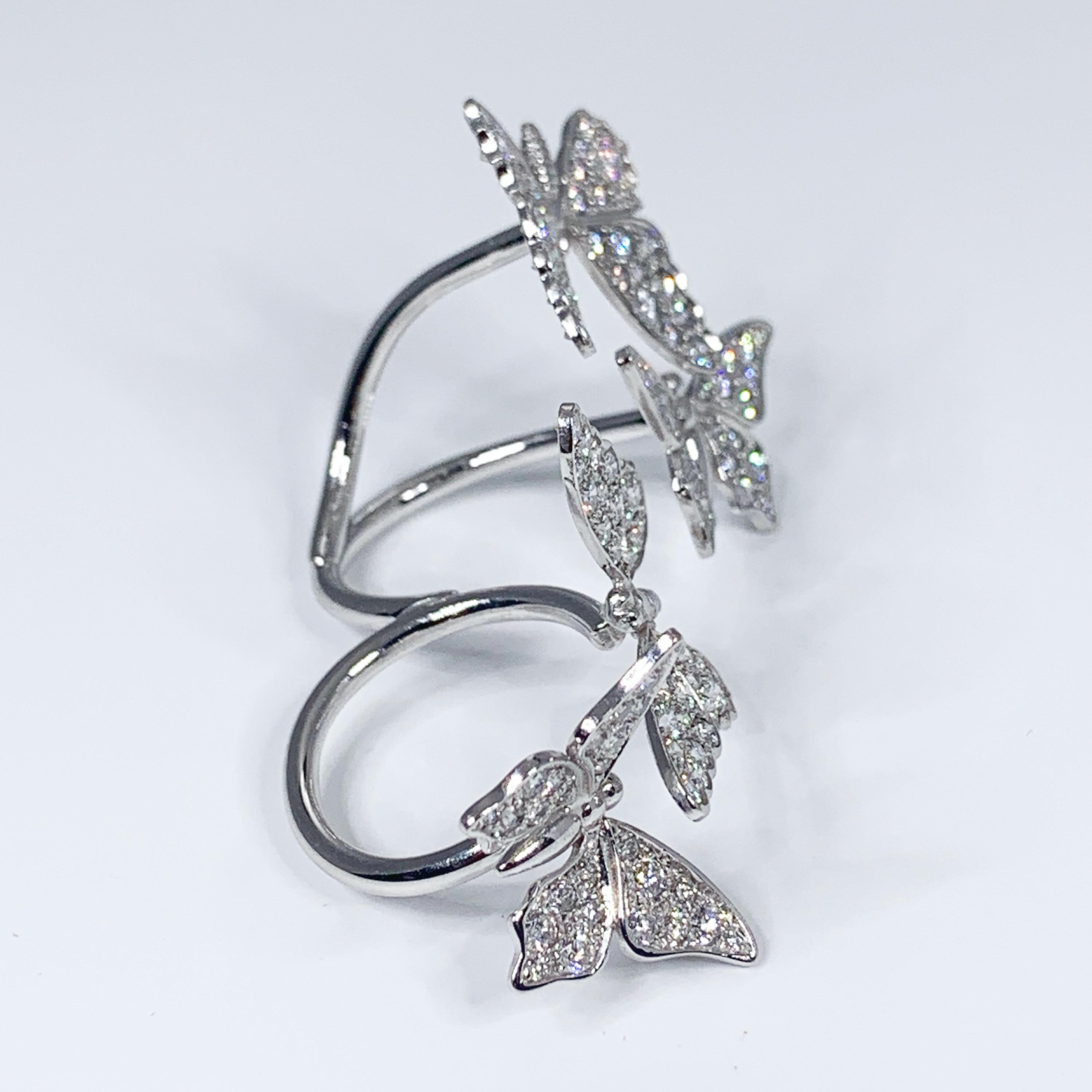 Contemporary Edéenne Four Butterfly Diamonds and 18k White Gold Two Finger Ring For Sale