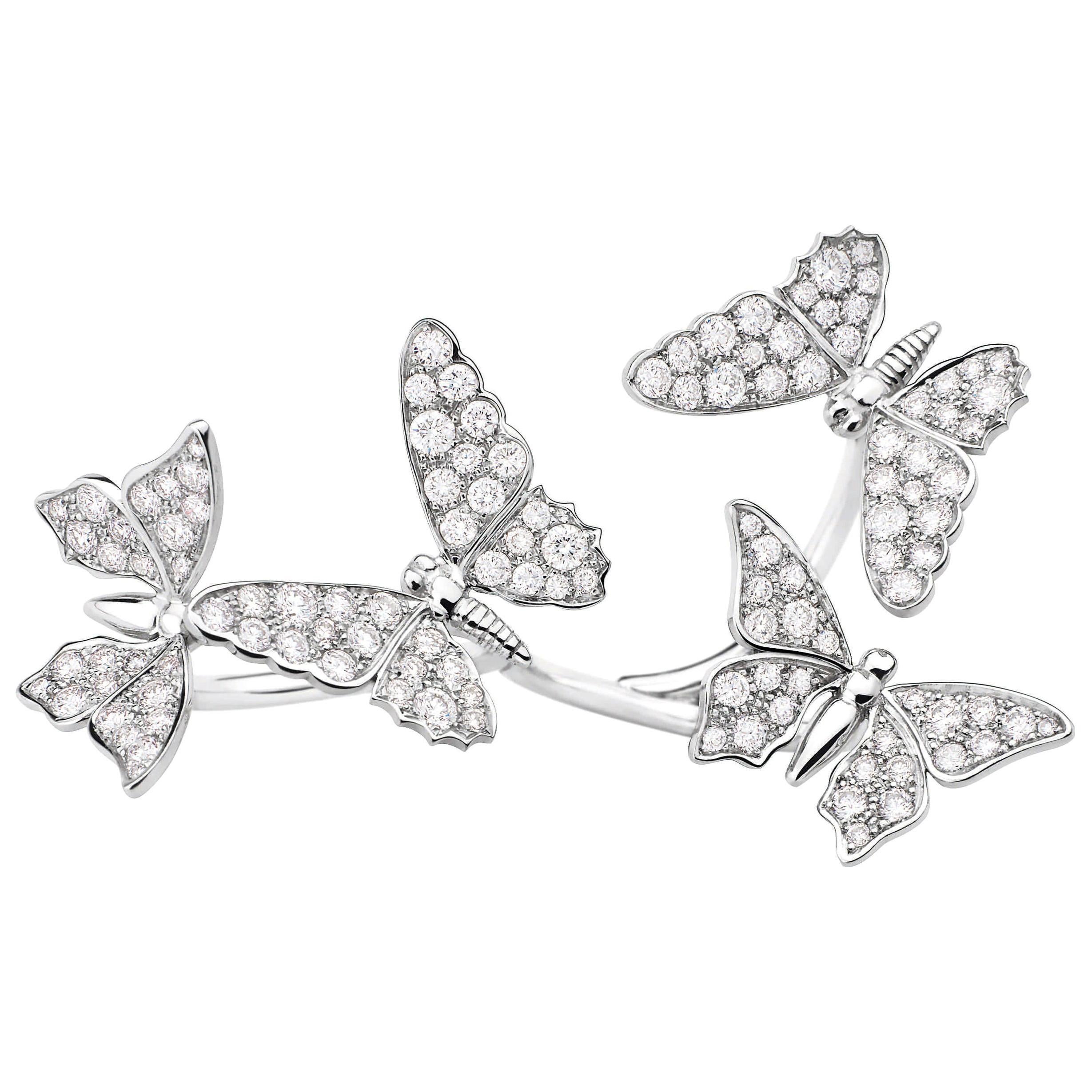 Edéenne Four Butterfly Diamonds and 18k White Gold Two Finger Ring For Sale