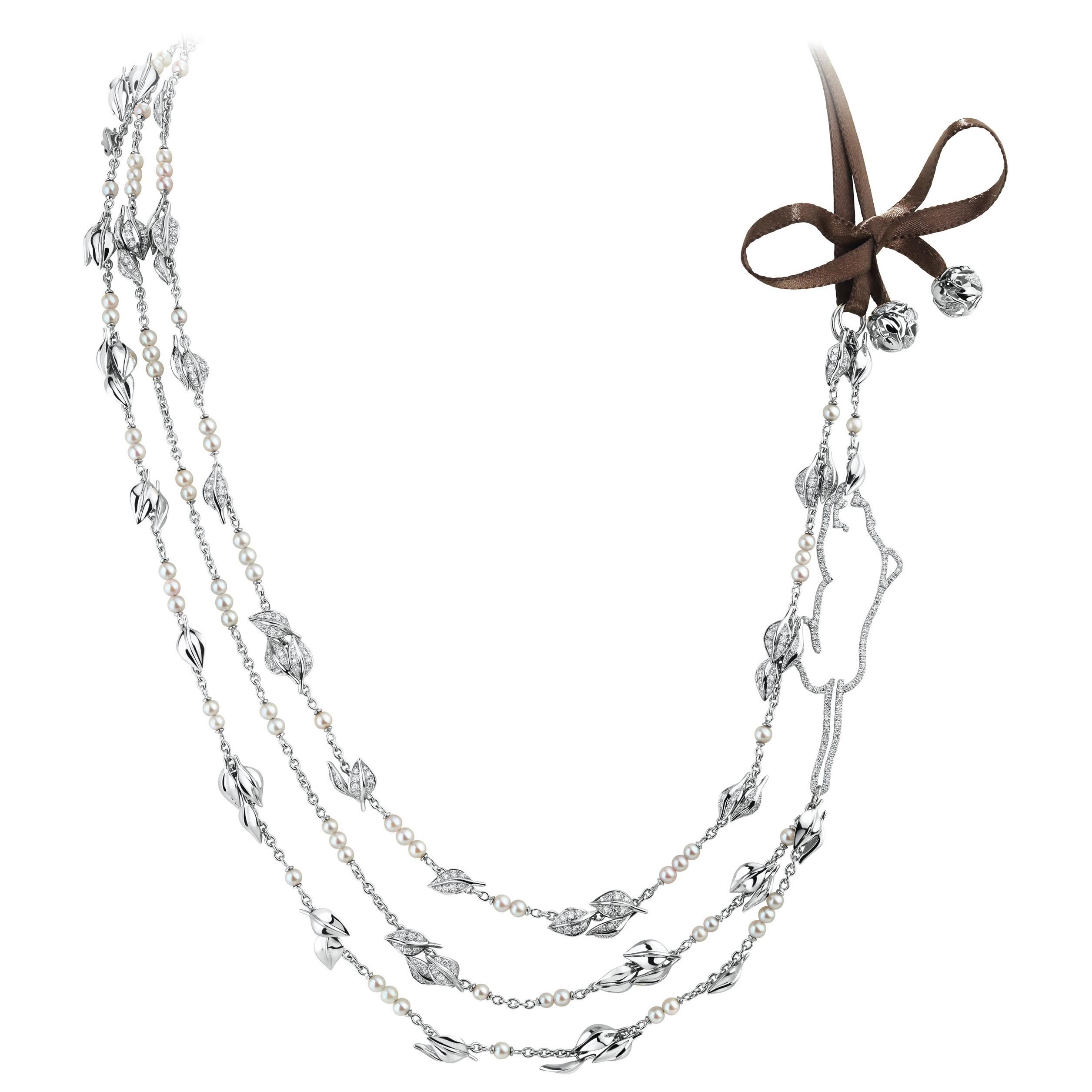 Panther, Leaves, Bud Transformable Long Necklace in 18K Gold, Diamonds, Pearls For Sale