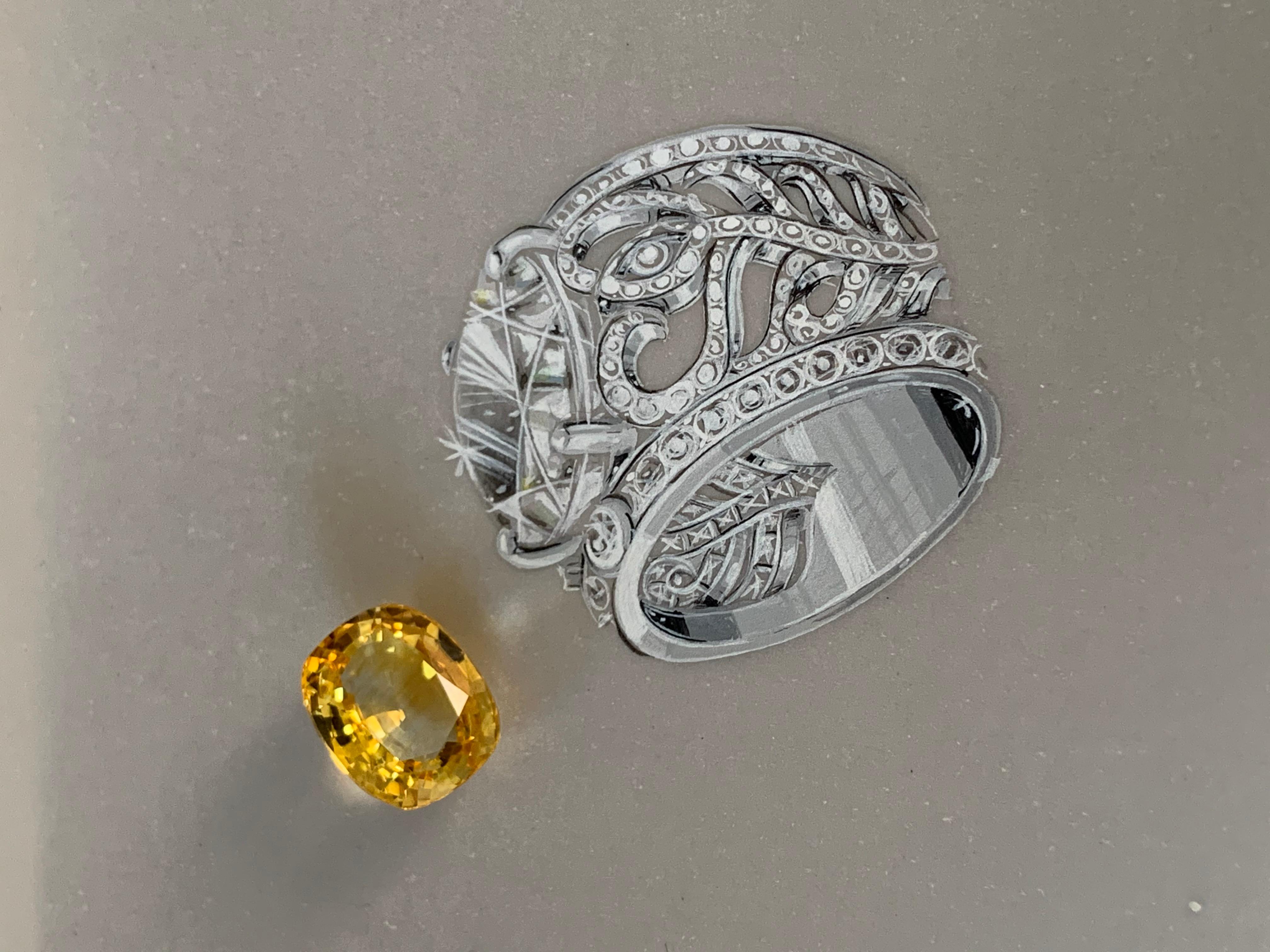 Édéenne Peach Tourmaline, Diamond 18K White Gold Embroidery Peacock motif Ring For Sale 1