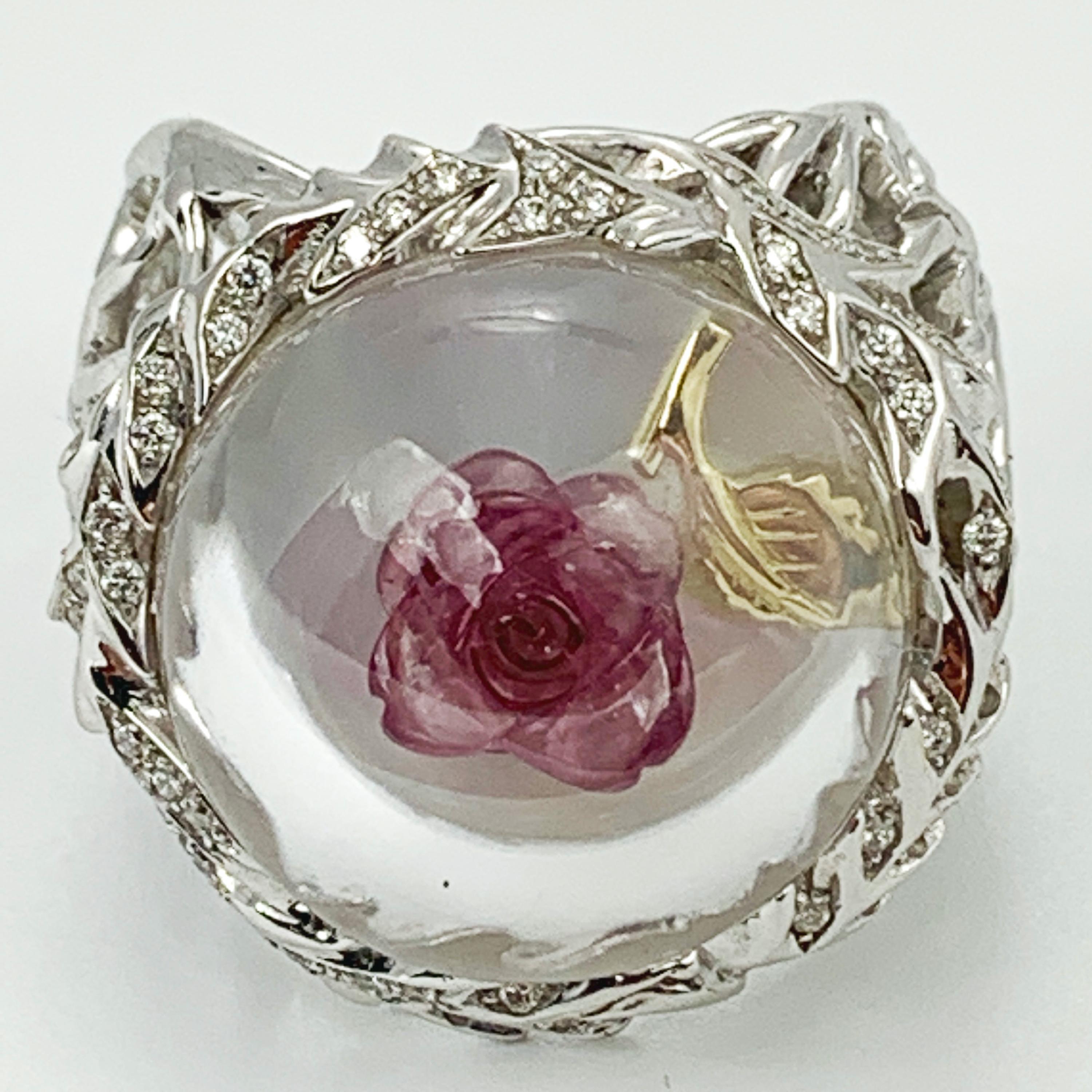 Contemporary Rubellite Rose in Rock Crystal Dome, Diamonds and 18K White Gold Ring by Édéenne For Sale