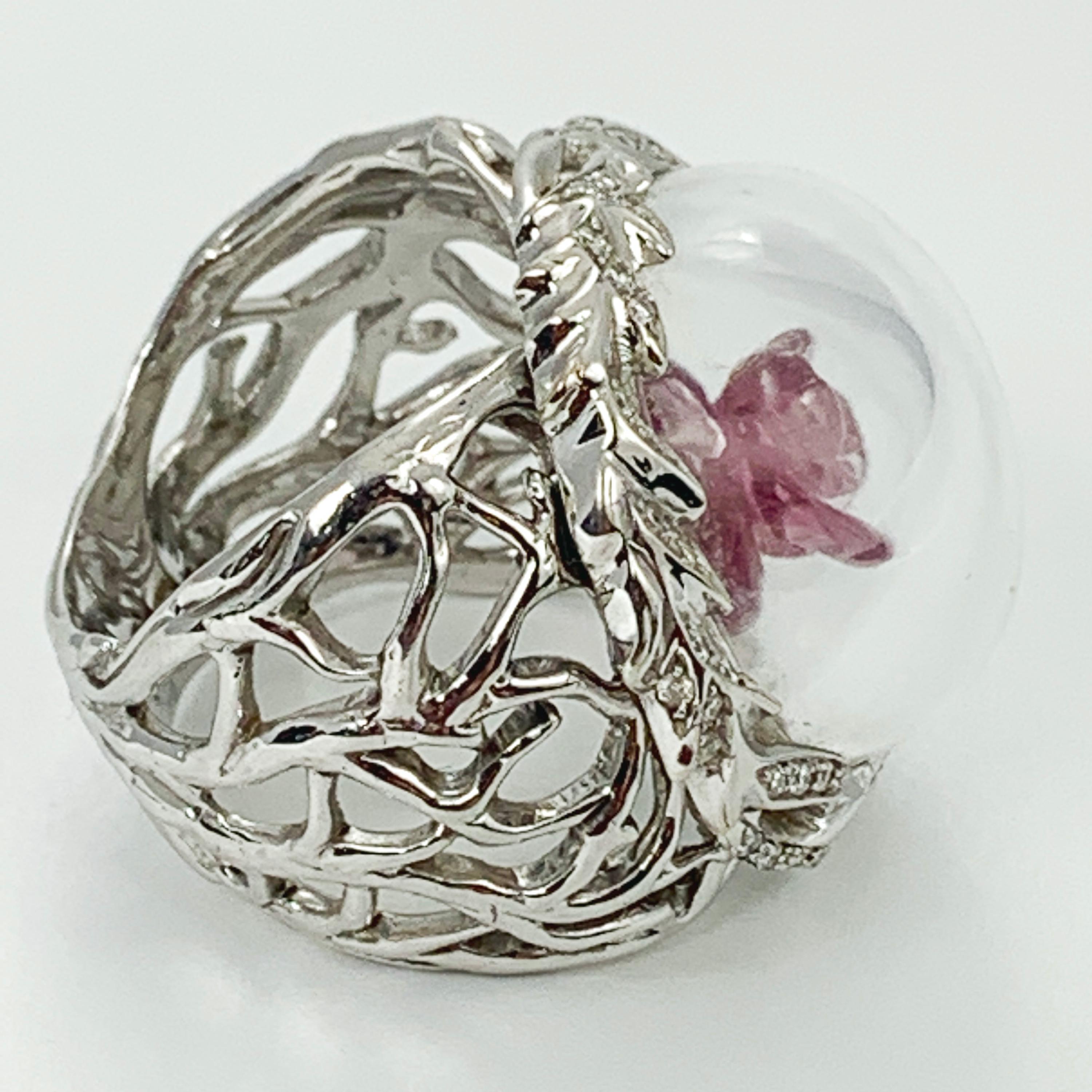 Mixed Cut Rubellite Rose in Rock Crystal Dome, Diamonds and 18K White Gold Ring by Édéenne For Sale