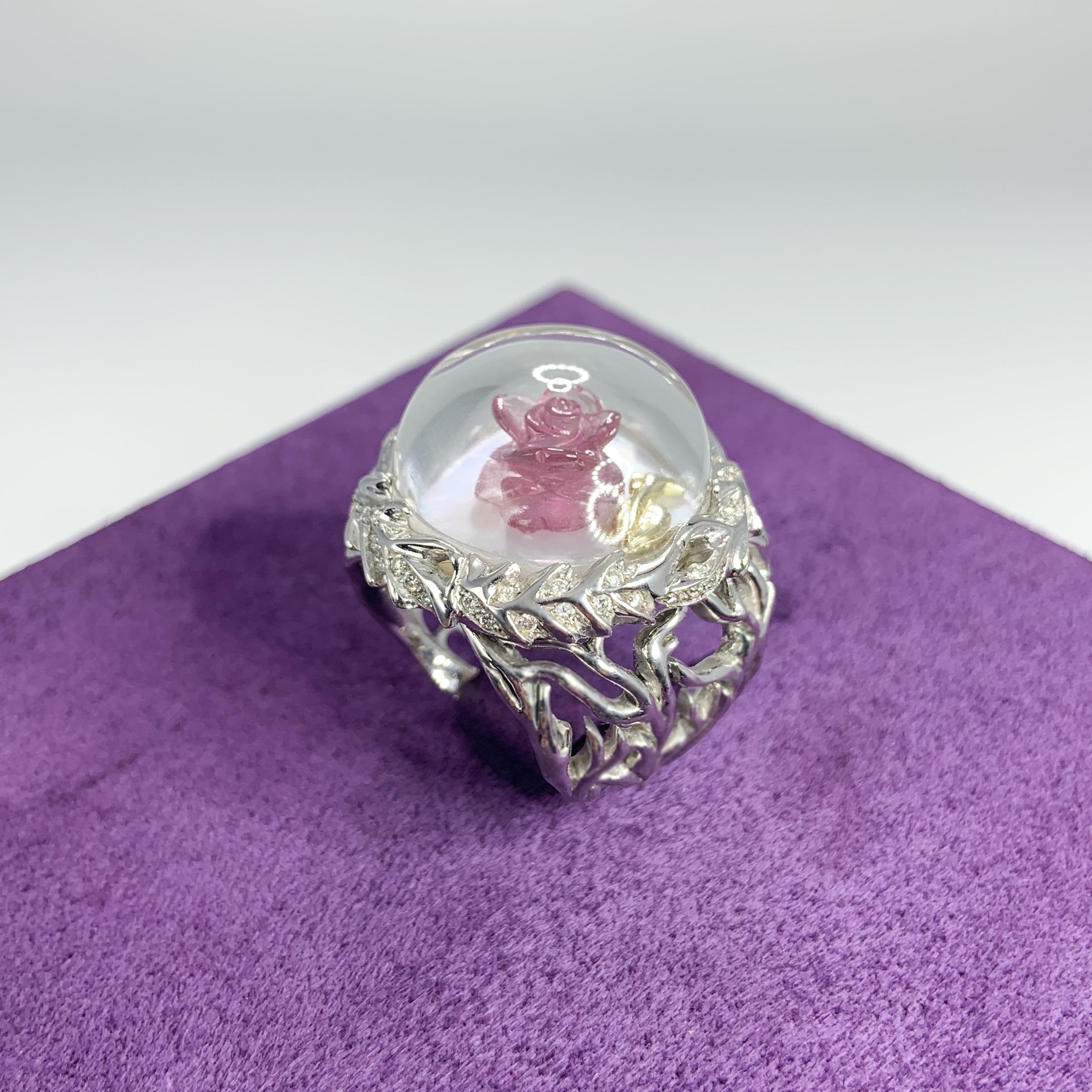 Women's Rubellite Rose in Rock Crystal Dome, Diamonds and 18K White Gold Ring by Édéenne For Sale