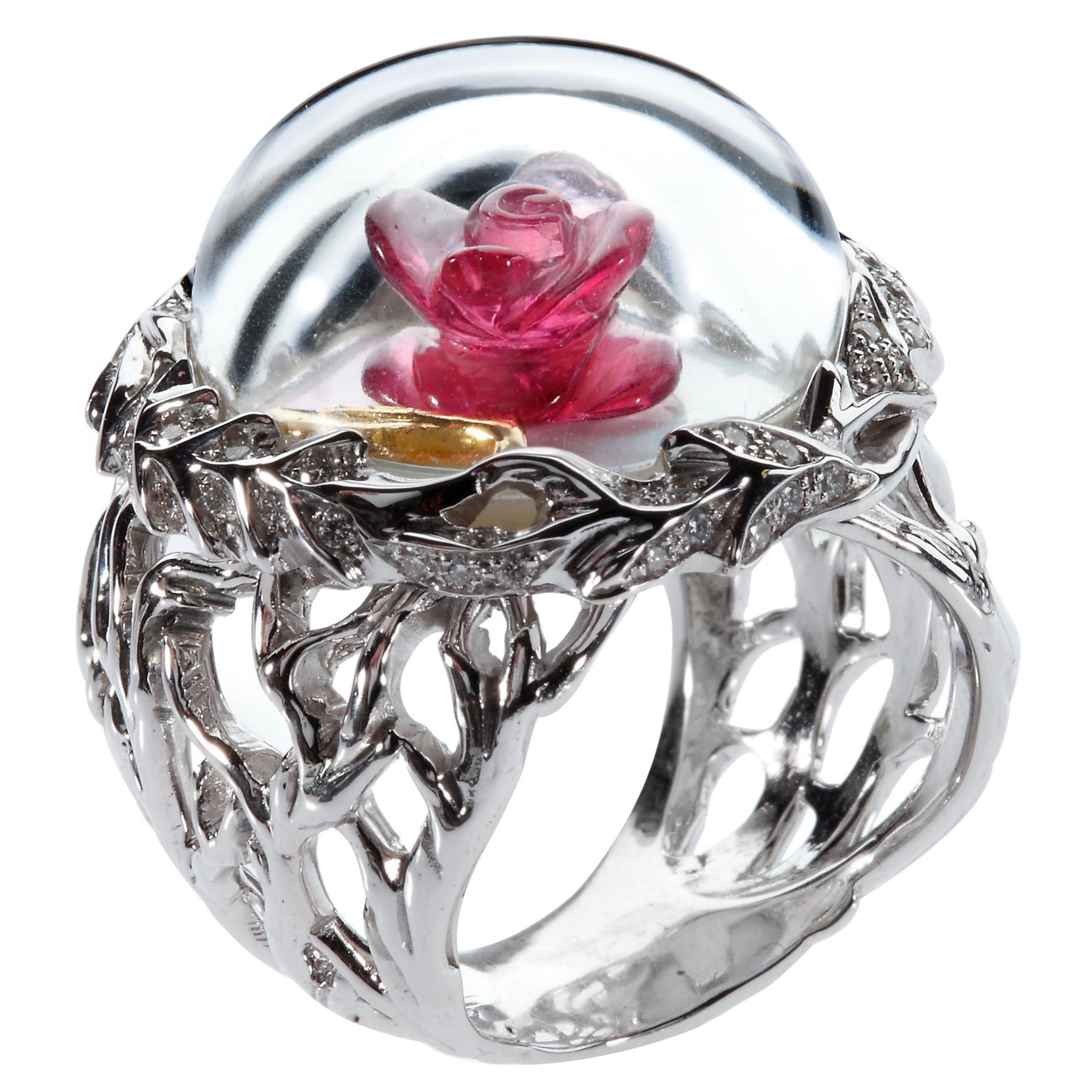 Rubellite Rose in Rock Crystal Dome, Diamonds and 18K White Gold Ring by Édéenne For Sale