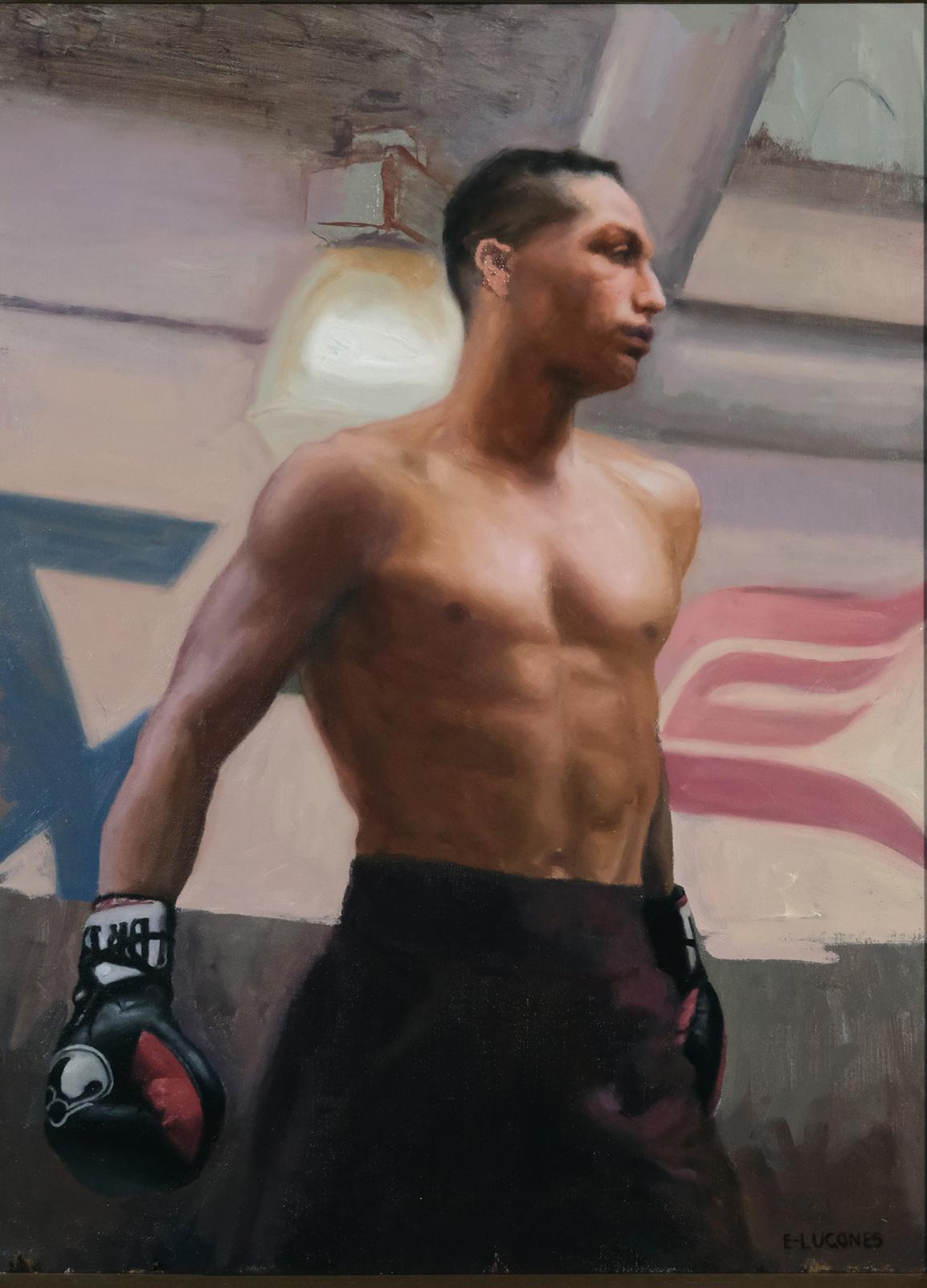 Jarrod Scott Tennant is a oil on linen painting by Cuban-American artist Edel Lugones who lives in Miami, Fl.  It is 28 x 22 framed and 24 x 18 unframed. I Jarrod Scott Tennant is a professional boxer who lives and trains in Los Angeles, California.