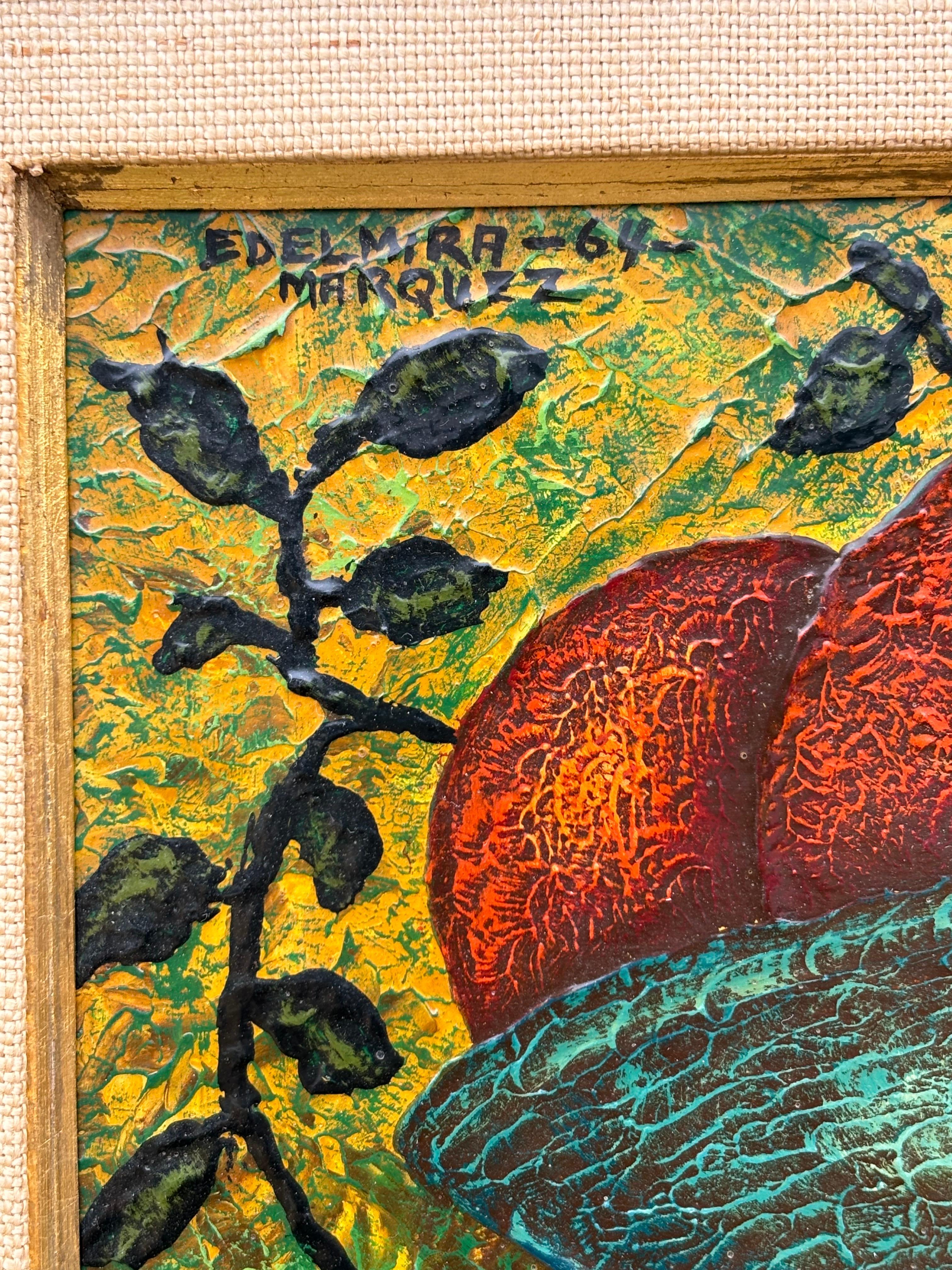 Edelmira Marquez Öl auf Karton eines jungen Mädchens.  Mexikanischer Künstler, signiert und datiert oben links.  Die Oberfläche wird durch Texturen im Hut und in den Früchten aufgebaut.  Sieht aus wie ein Originalrahmen.  Der Rahmen weist eine