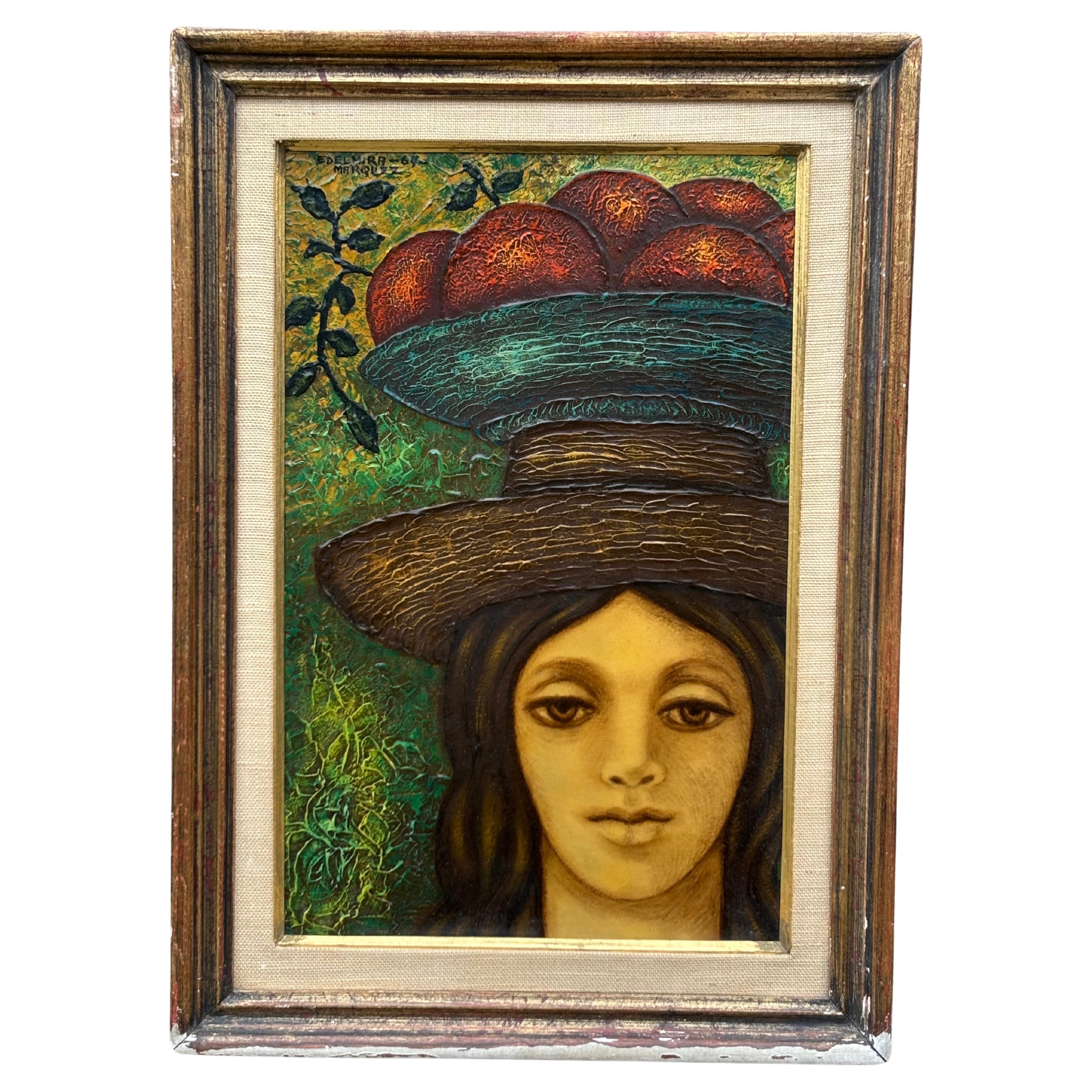 Edelmira Marquez Oil on board of young girl dated and signed For Sale