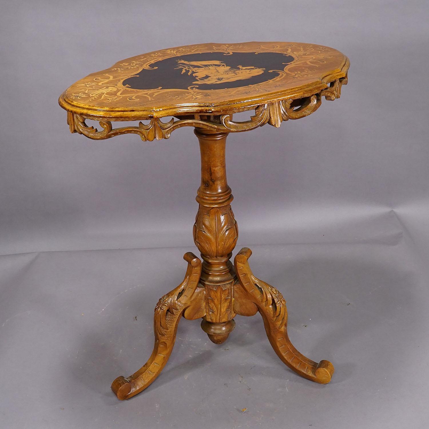 Victorian Edelweis Marquetry Side Table Swiss Brienz 1900 For Sale