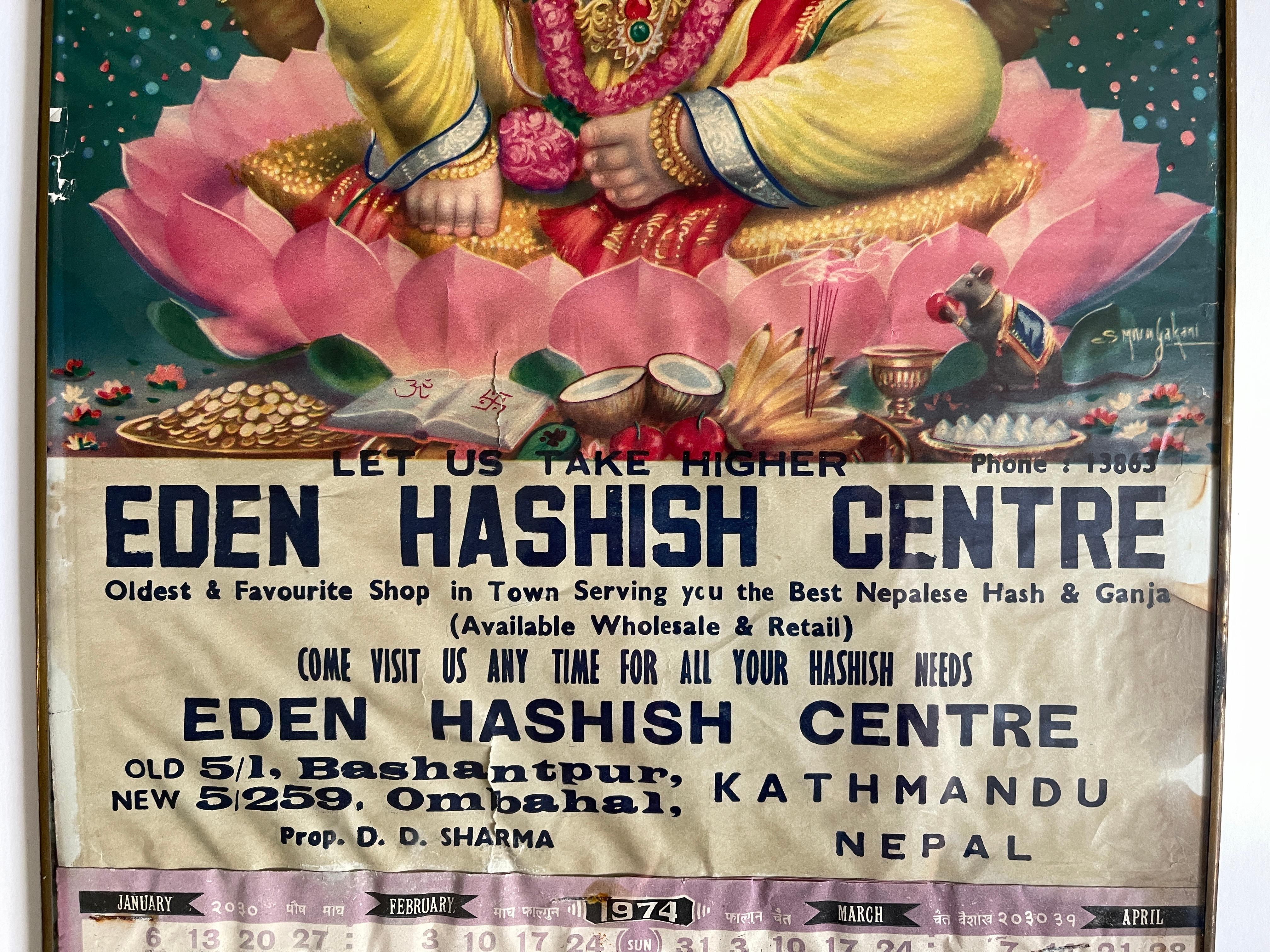 Eden Hashish Centre Katmandú Cartel Ganesh Calendario 1974 Policromado en venta