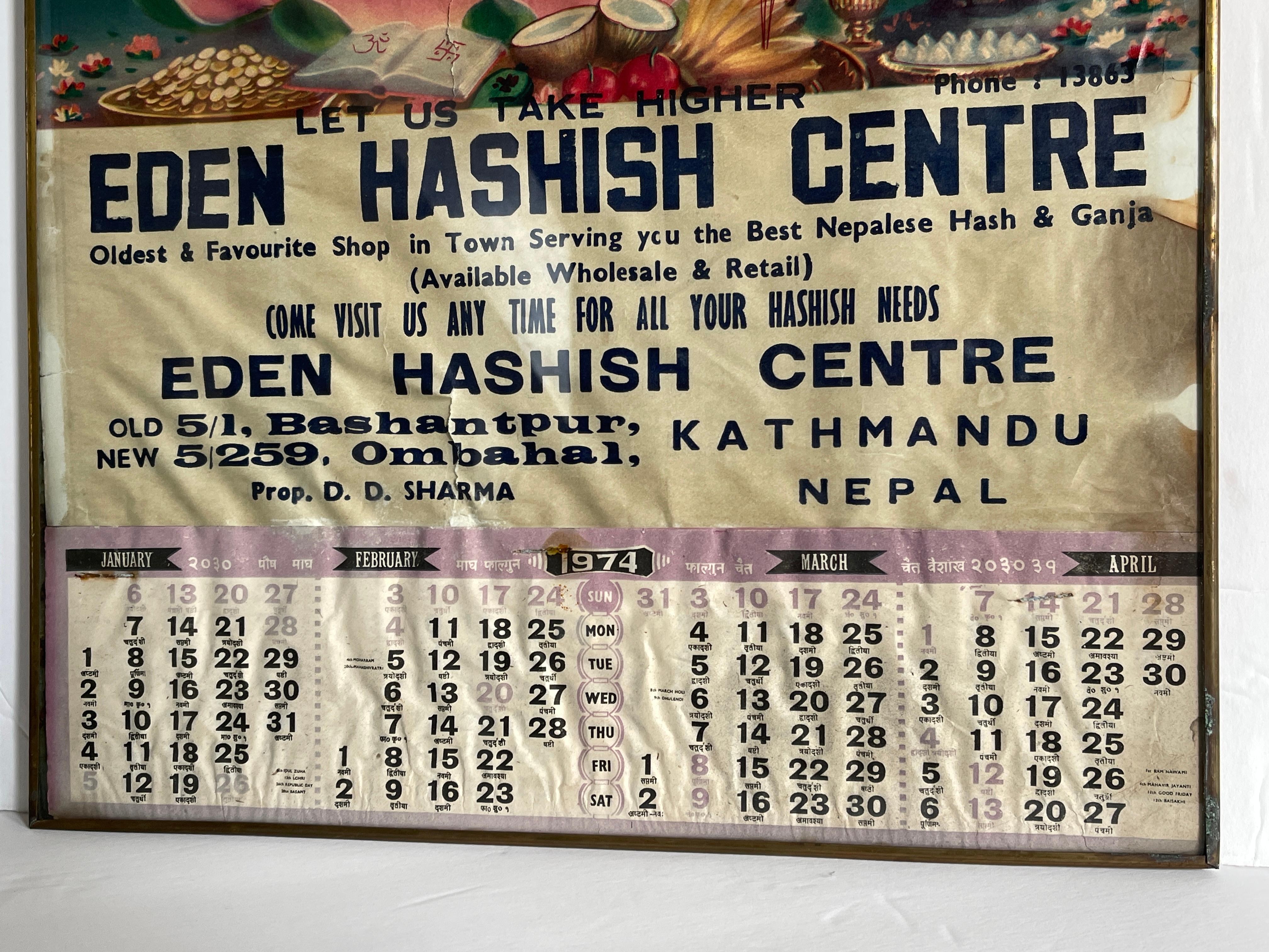 Eden Hashish Centre Katmandú Cartel Ganesh Calendario 1974 finales del siglo XX en venta