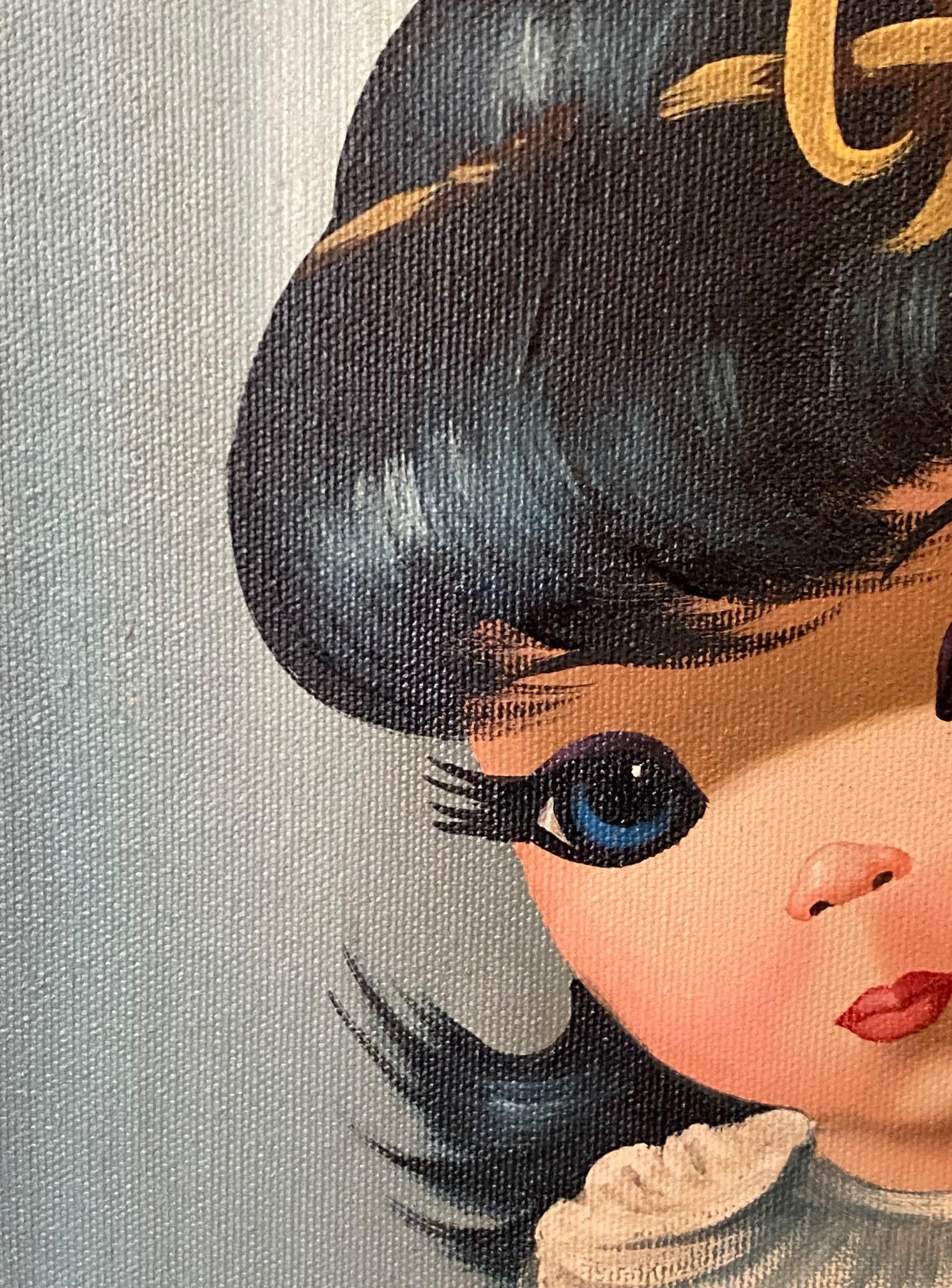Eden Signed Mid-Century Modern Original Big Eyes Harlequin Moppet Oil Painting For Sale 4