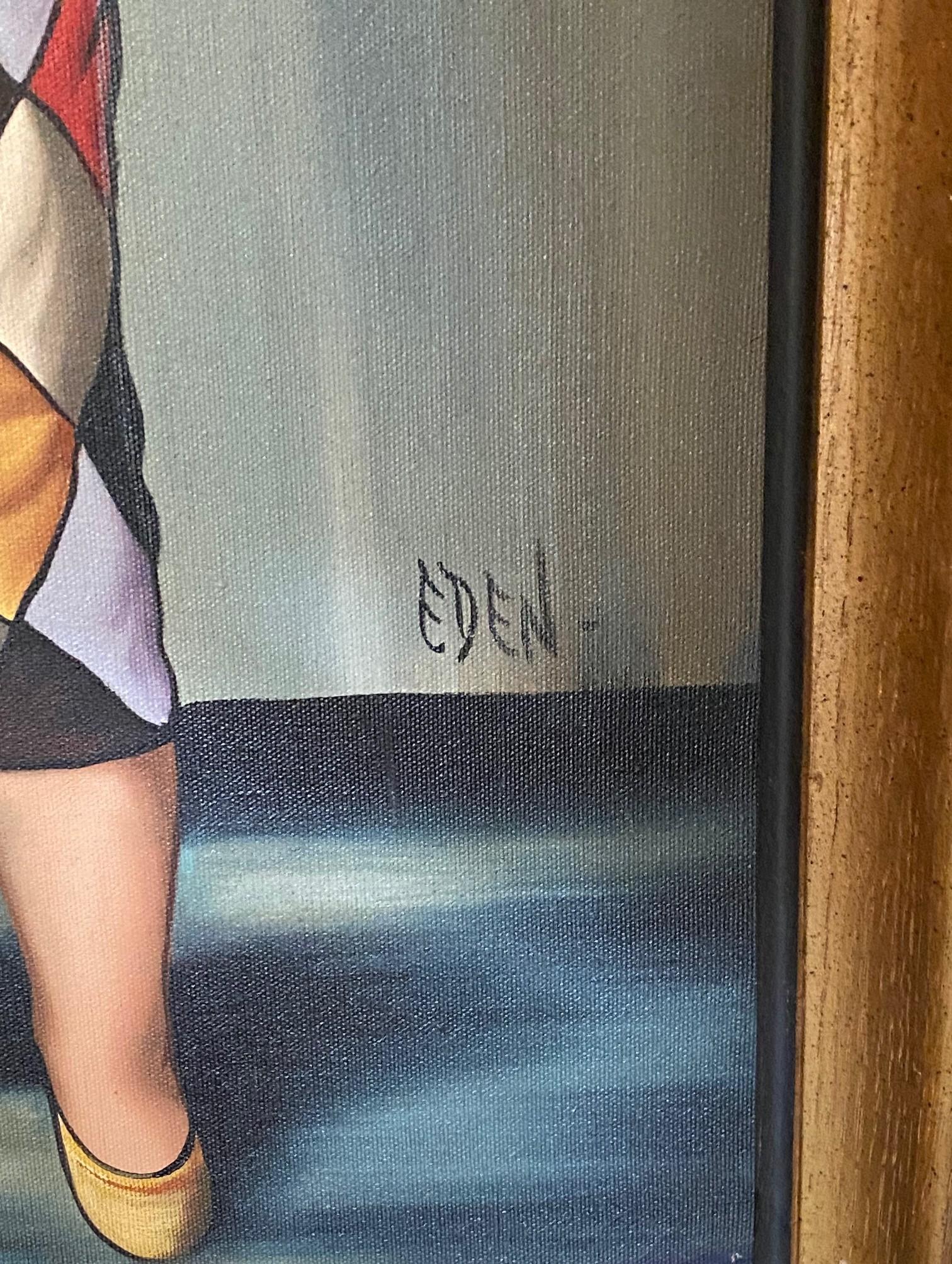 Eden Signed Mid-Century Modern Original Big Eyes Harlequin Moppet Oil Painting For Sale 7