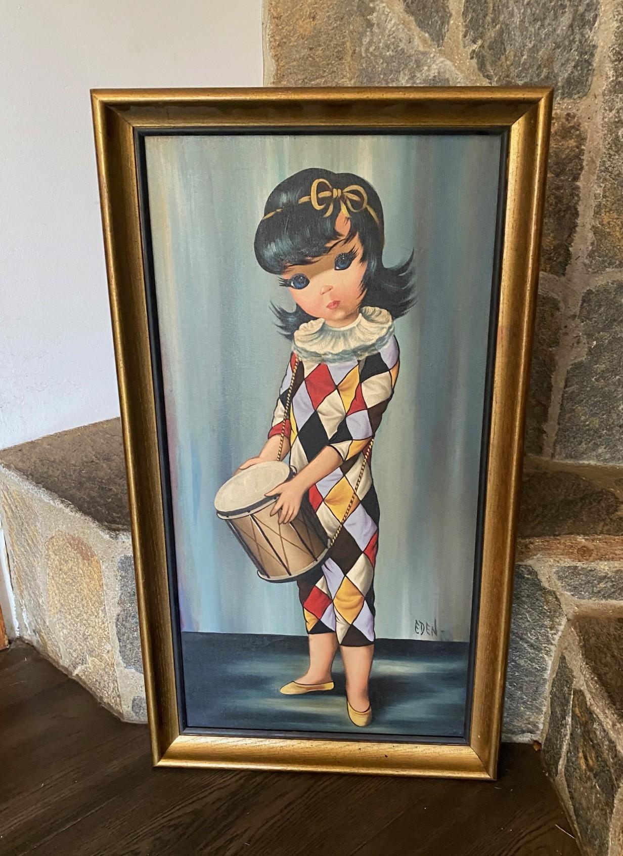 Eden Signed Mid-Century Modern Original Big Eyes Harlequin Moppet Oil Painting For Sale 10
