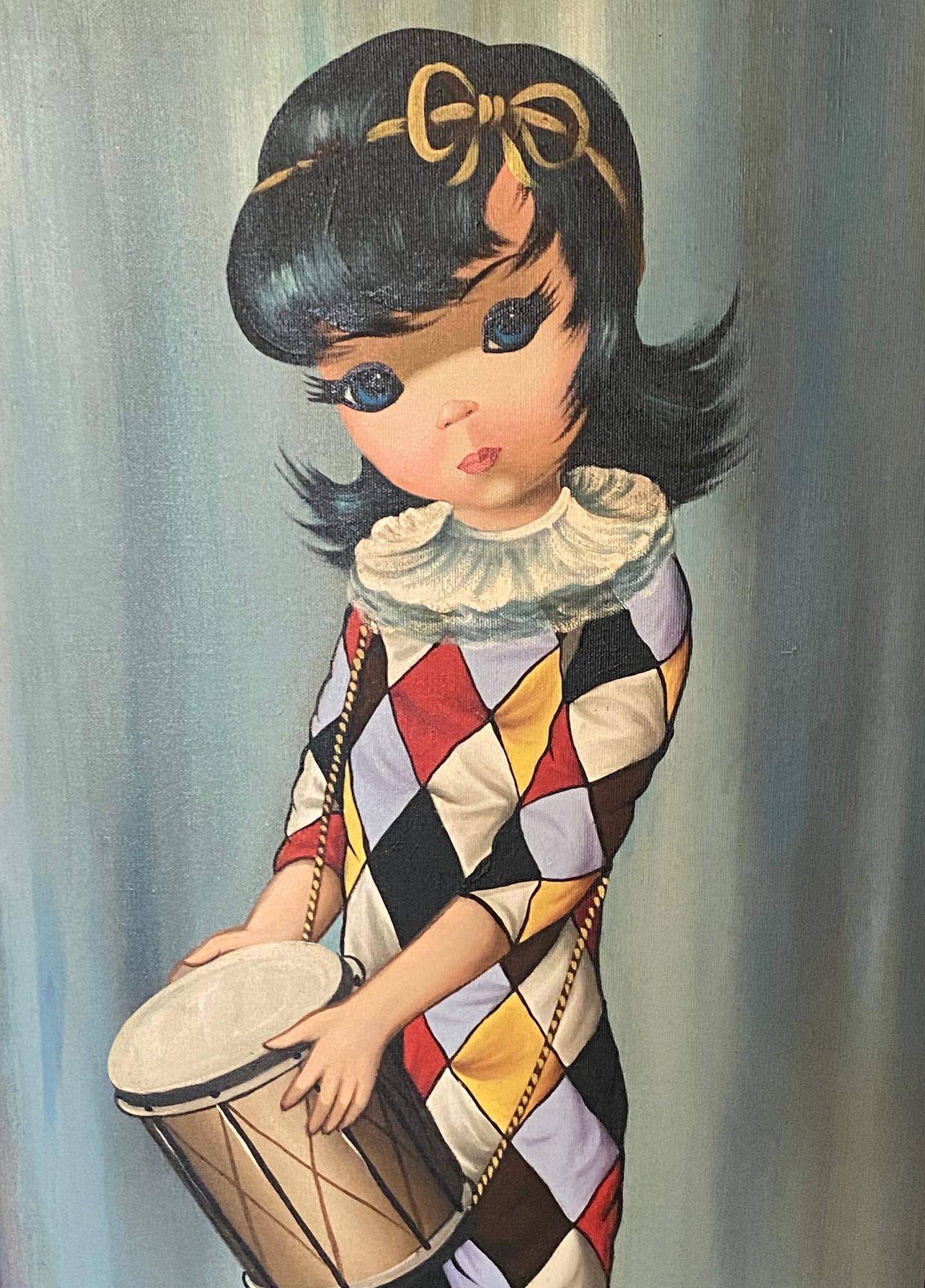 American Eden Signed Mid-Century Modern Original Big Eyes Harlequin Moppet Oil Painting For Sale