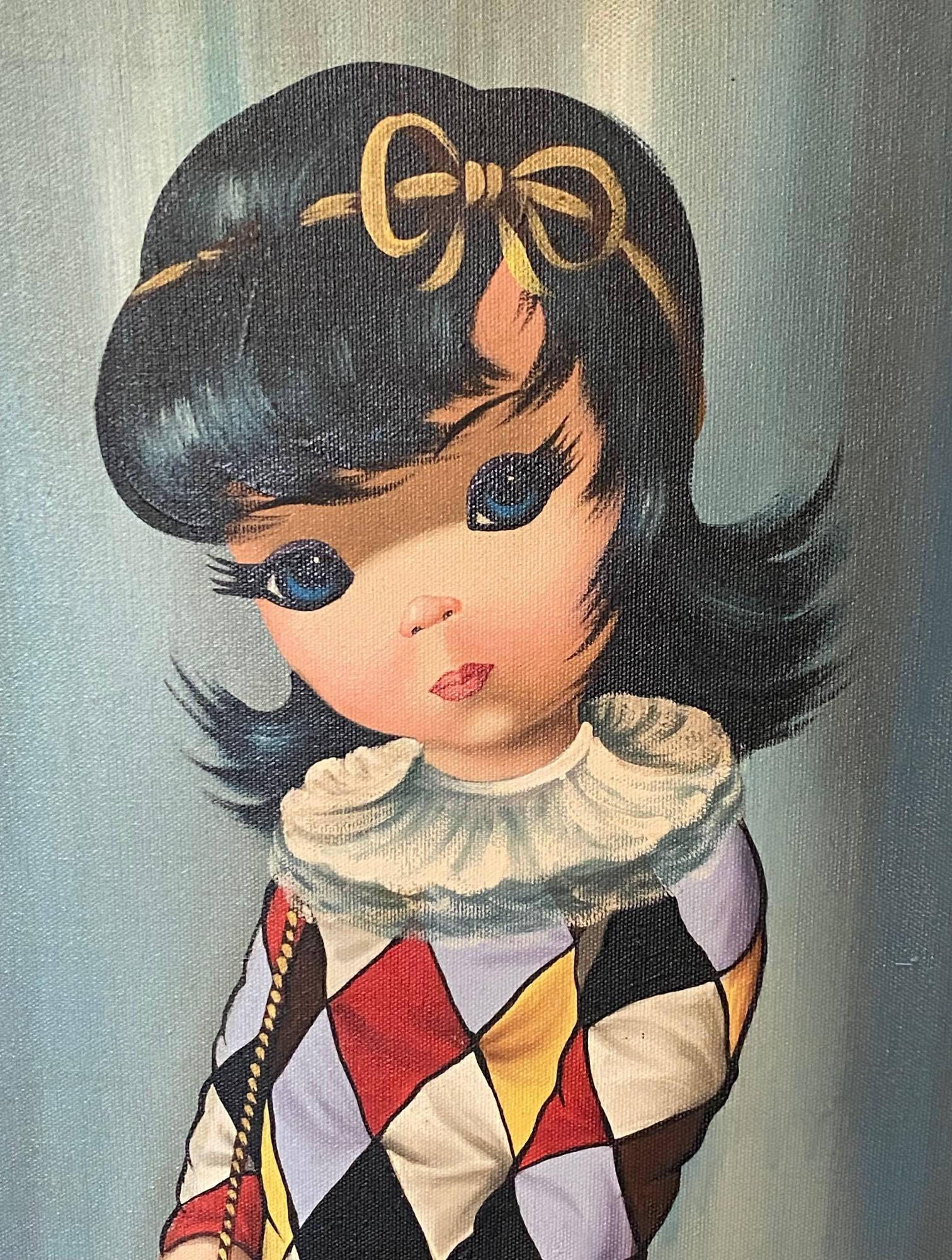 Hand-Painted Eden Signed Mid-Century Modern Original Big Eyes Harlequin Moppet Oil Painting For Sale