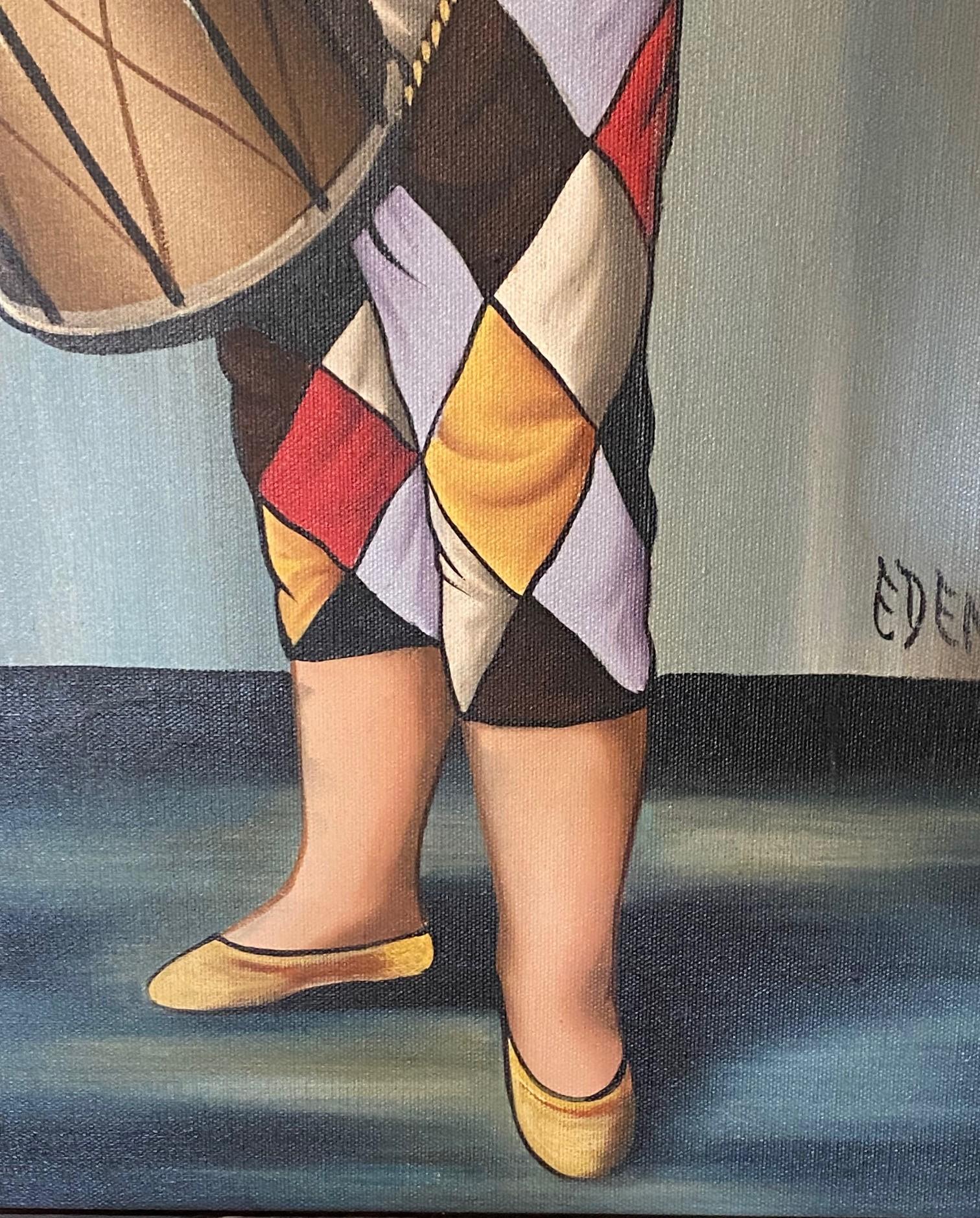 Mid-20th Century Eden Signed Mid-Century Modern Original Big Eyes Harlequin Moppet Oil Painting For Sale