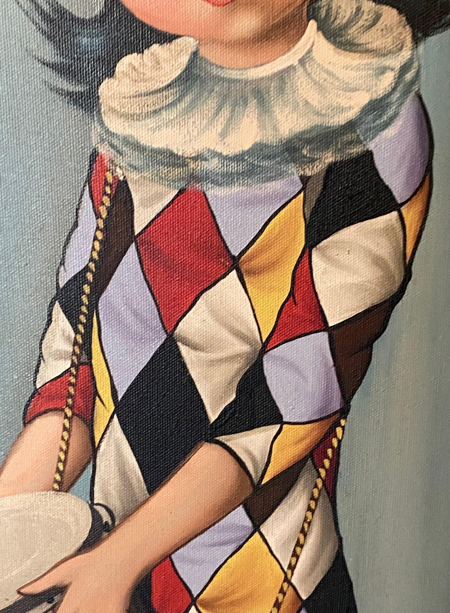 Canvas Eden Signed Mid-Century Modern Original Big Eyes Harlequin Moppet Oil Painting For Sale