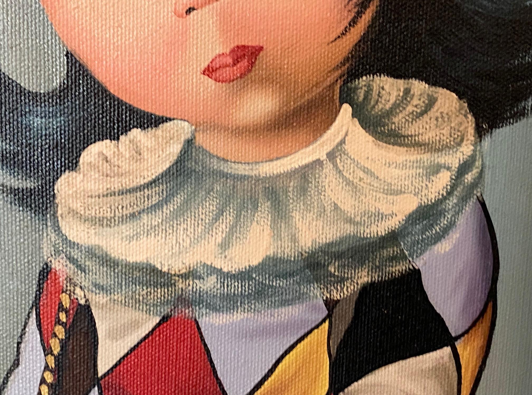 Eden Signed Mid-Century Modern Original Big Eyes Harlequin Moppet Oil Painting For Sale 2
