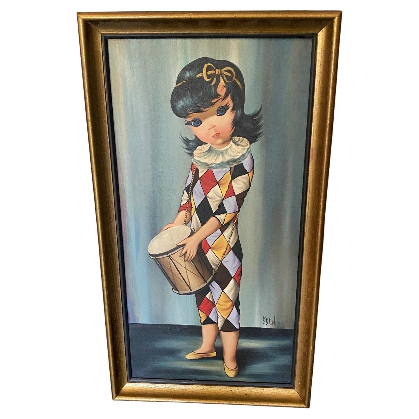 Eden Pintura al óleo original de mediados de siglo firmada Big Eyes Harlequin Moppet