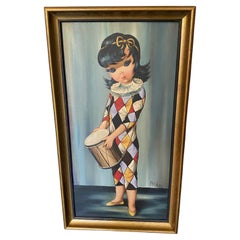Pittura ad olio originale firmata Eden Mid-Century Modern Big Eyes Arlecchino Moppet