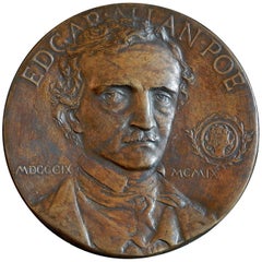 Antique "Edgar Allan Poe" Bronze Portrait Relief Issued by Grolier Club, 1909