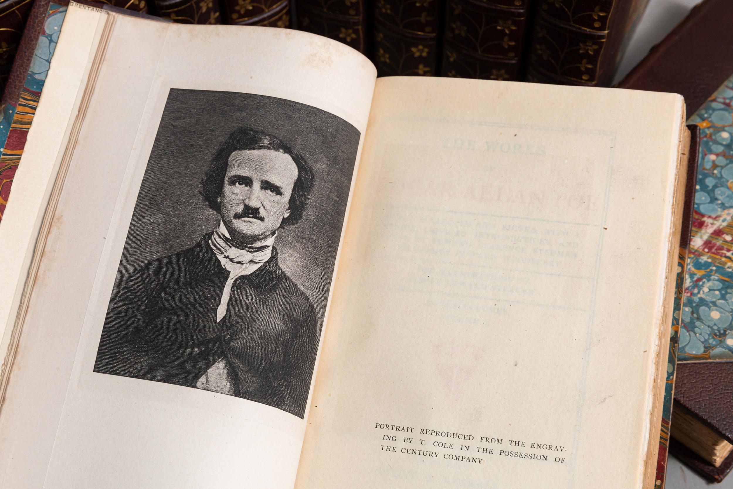 10 Volumes.Edgar Allan Poe. The Works. bound in 3/4 brown Morocco by Blackwell, marbled endpapers, raised bands, top edges gilt, raised bands, ornate gilt on spines, illustrated. Published: Chicago: Stone & Kimball
1895. Beautiful set.