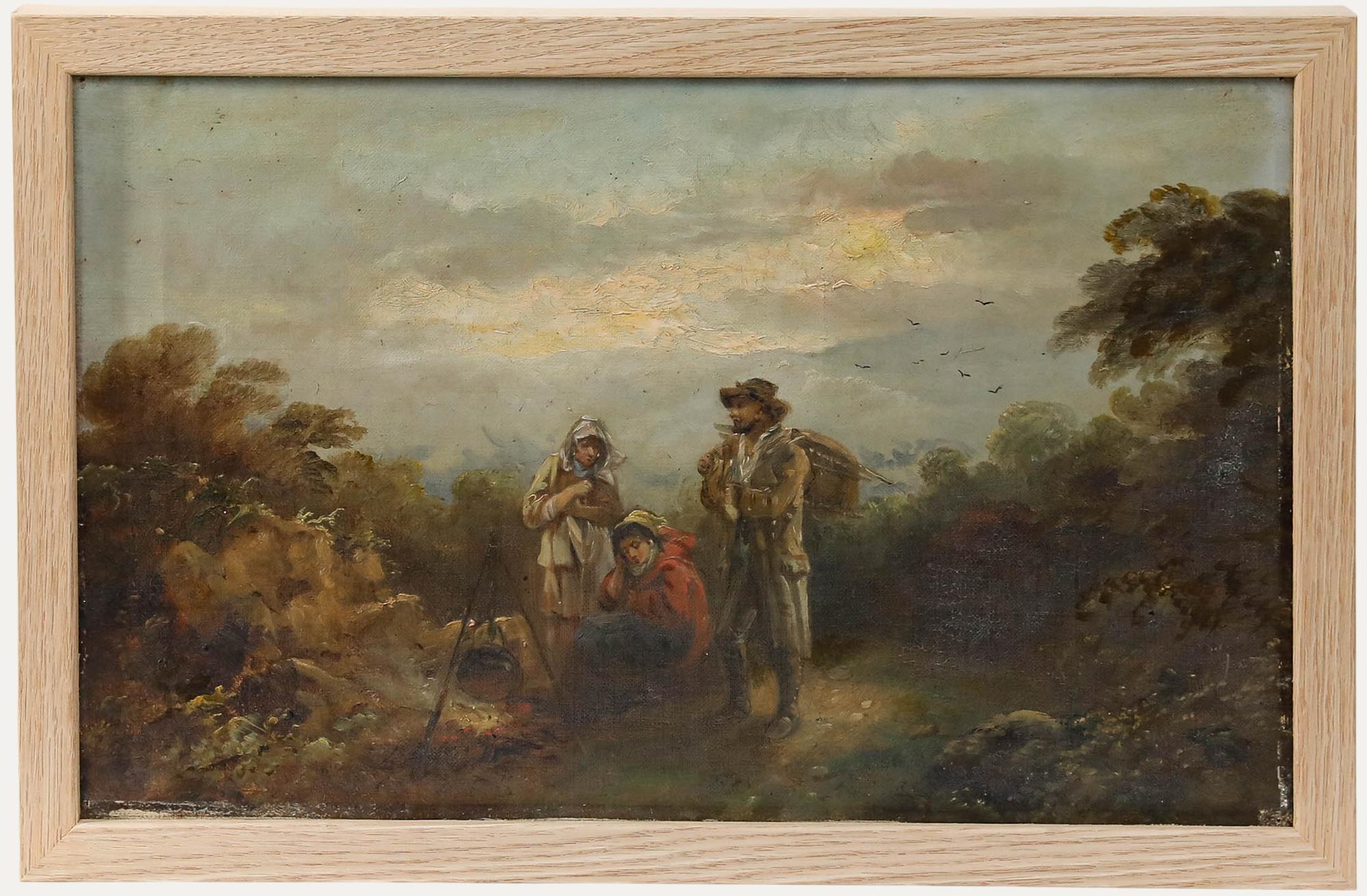 A charming 19th-century genre scene attributed to the London-born artist Edgar Barclay (1842–1913), depicting weary travellers pausing to rest beside a fire. Unsigned. Acquired with another by the same hand. Smartly presented in a simple frame. On