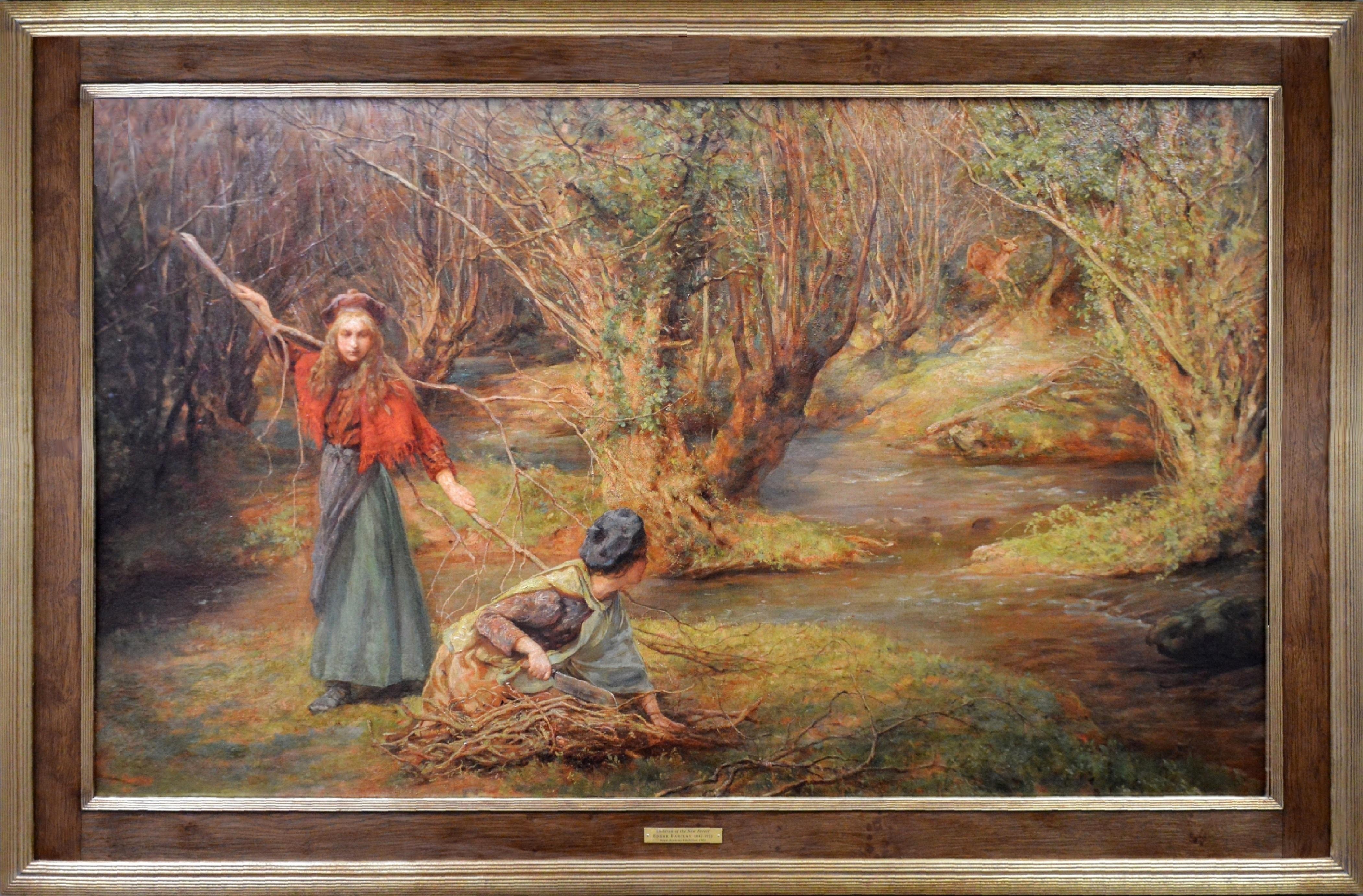 ‘Children of the New Forest’ by Edgar Barclay (1842-1913).
Depicting two girls gathering kindling in winter woodland, this very large painting is signed by the artist and was exhibited at the Royal Academy in 1901.

All our paintings are sold in the