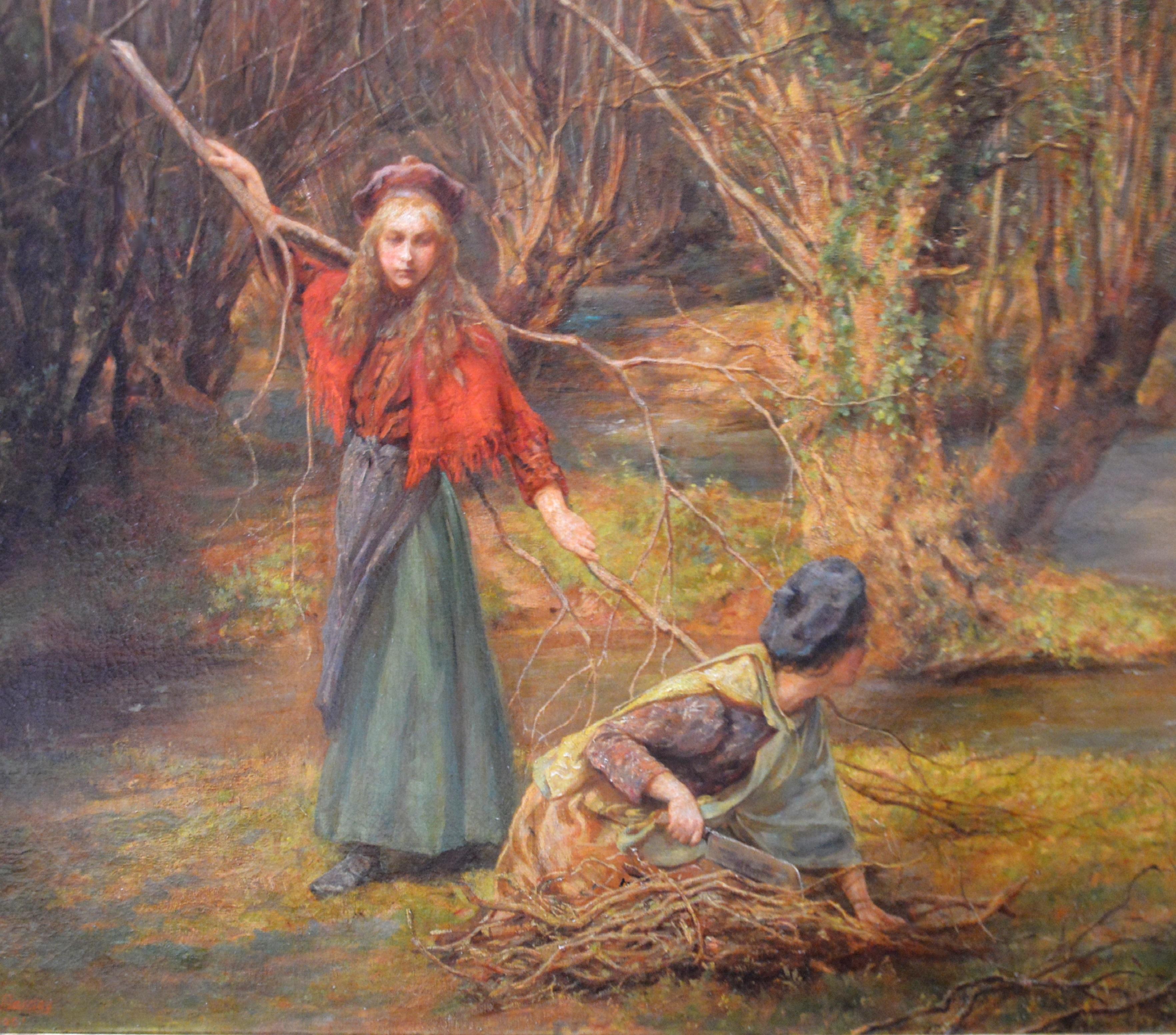 Children of the New Forest - Très grande peinture à l'huile de la Royal Academy, 1901  - Marron Landscape Painting par Edgar Barclay