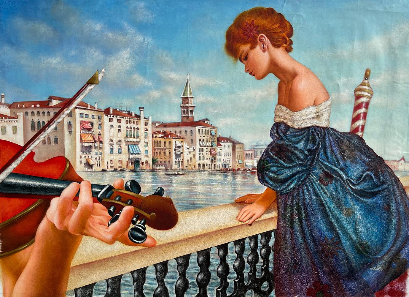 Artist: Edgar Barrios
Title: Bohemian Venice II
Medium: Original Oil on Canvas
Signature: Hand-signed by the Artist
Size: Approximately 48x33 inches
Framed: This artwork comes un-framed and un-stretched. This item will come rolled. 
Biography: Edgar