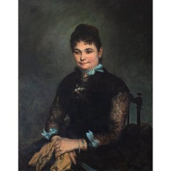 Edgar Boutry, Portrait Of A Lady With Blue Ribbons, Oil Painting